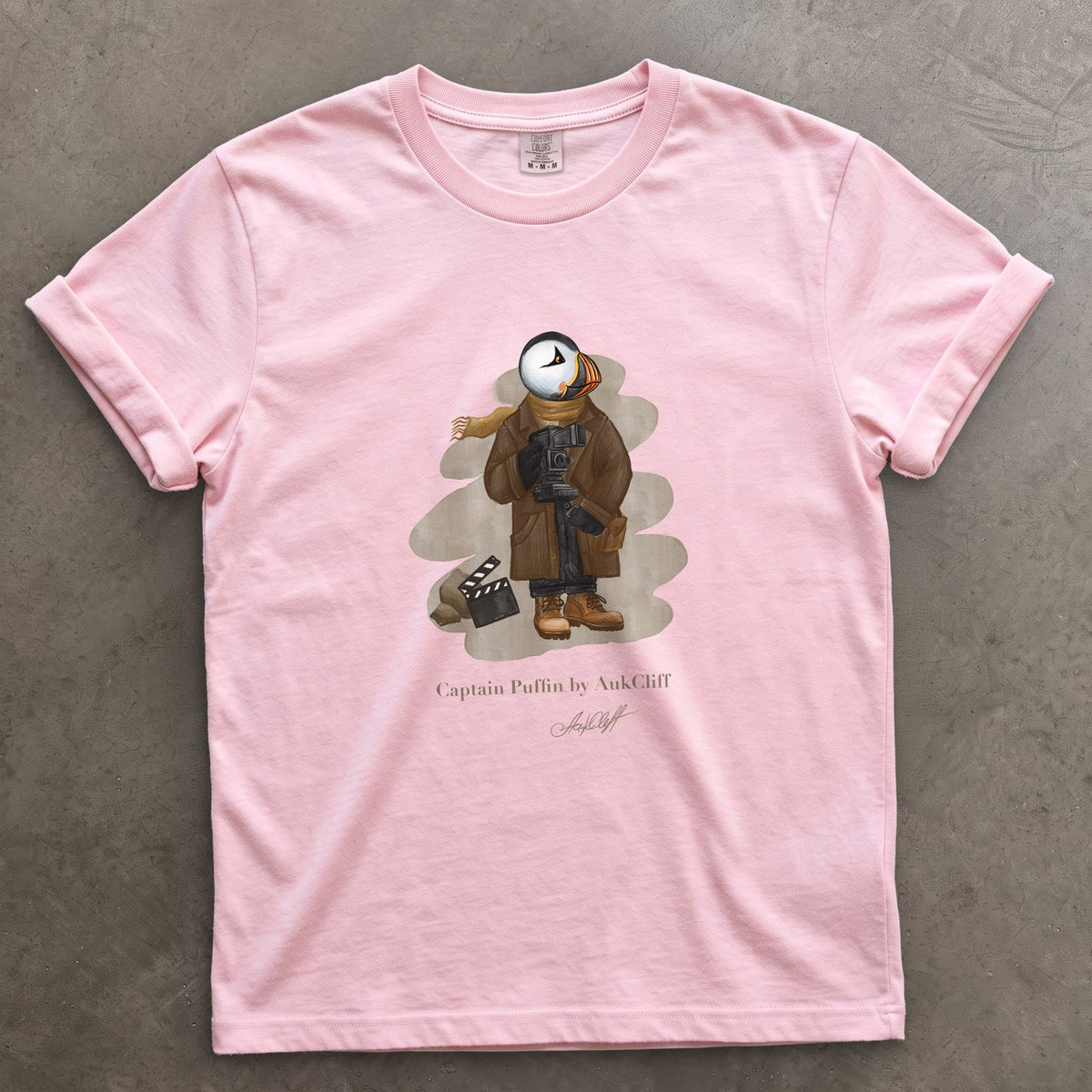 Captain Puffin Film Maker on a Blossom Comfort Colors t-shirt