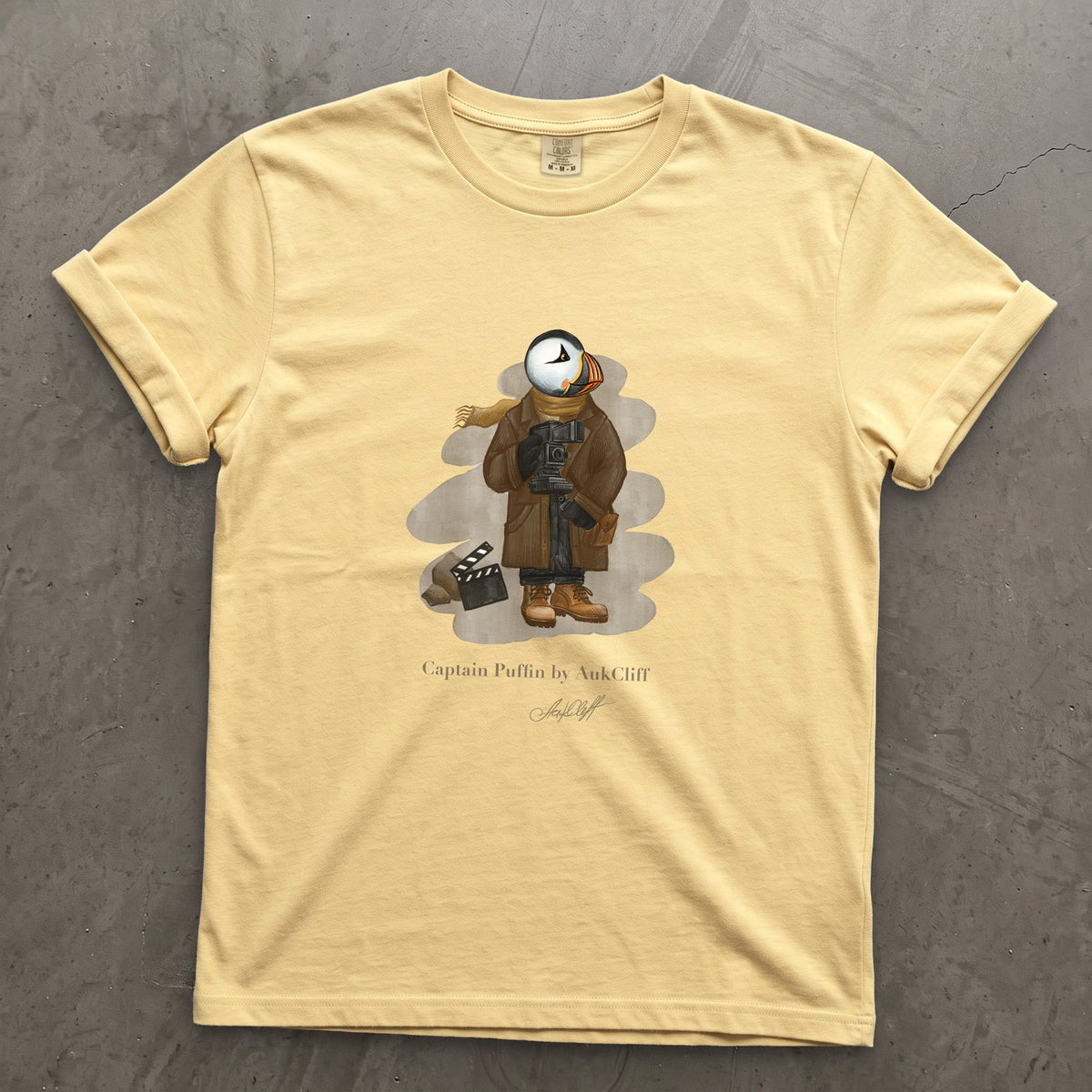 Captain Puffin Film Maker on a Butter Comfort Colors t-shirt