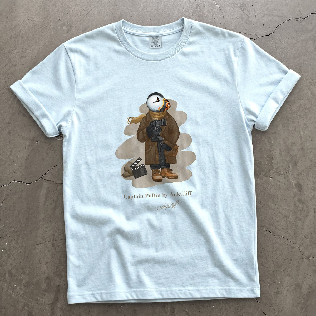 Captain Puffin Film Maker on a Chambray Comfort Colors t-shirt