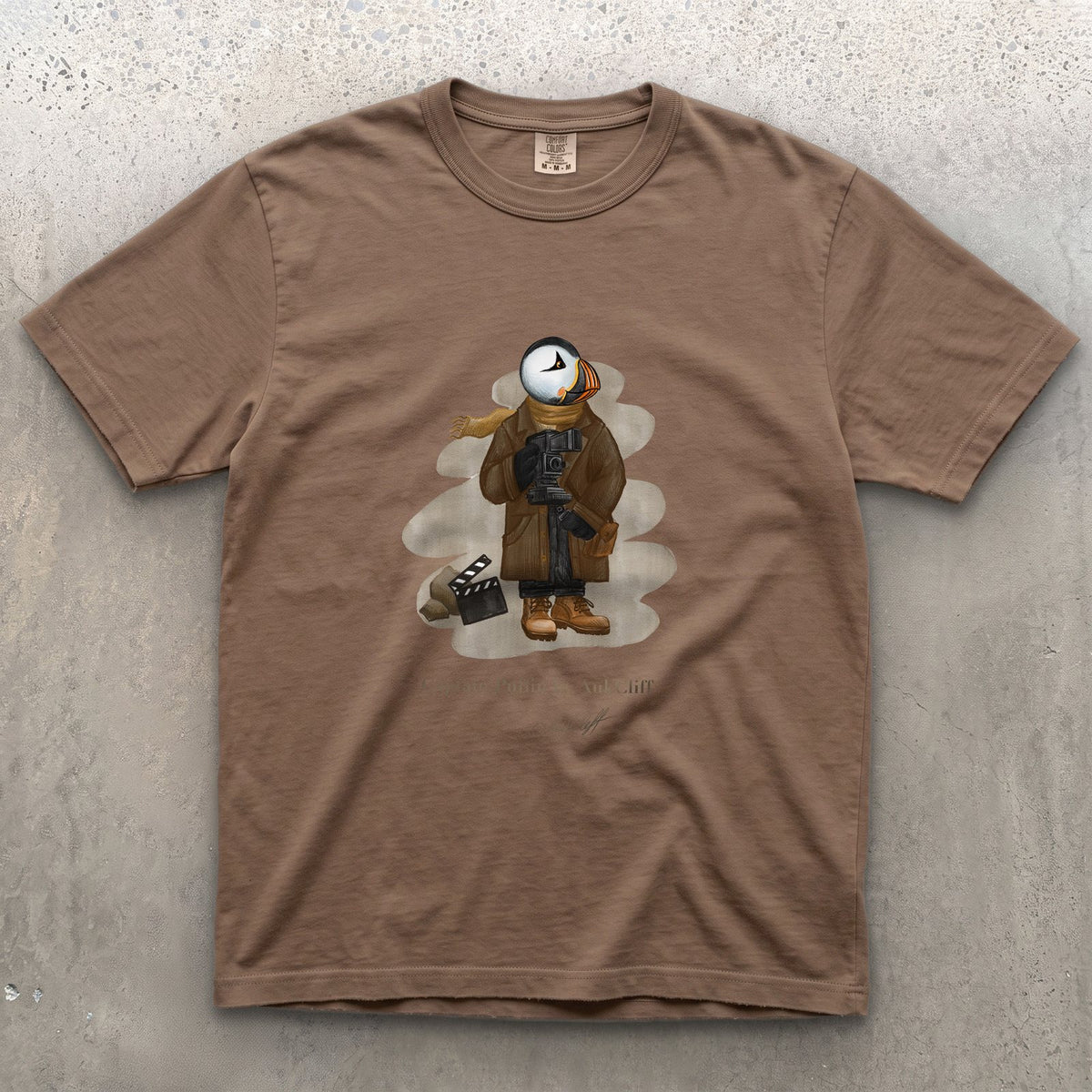 Captain Puffin Film Maker on a Espresso Comfort Colors t-shirt