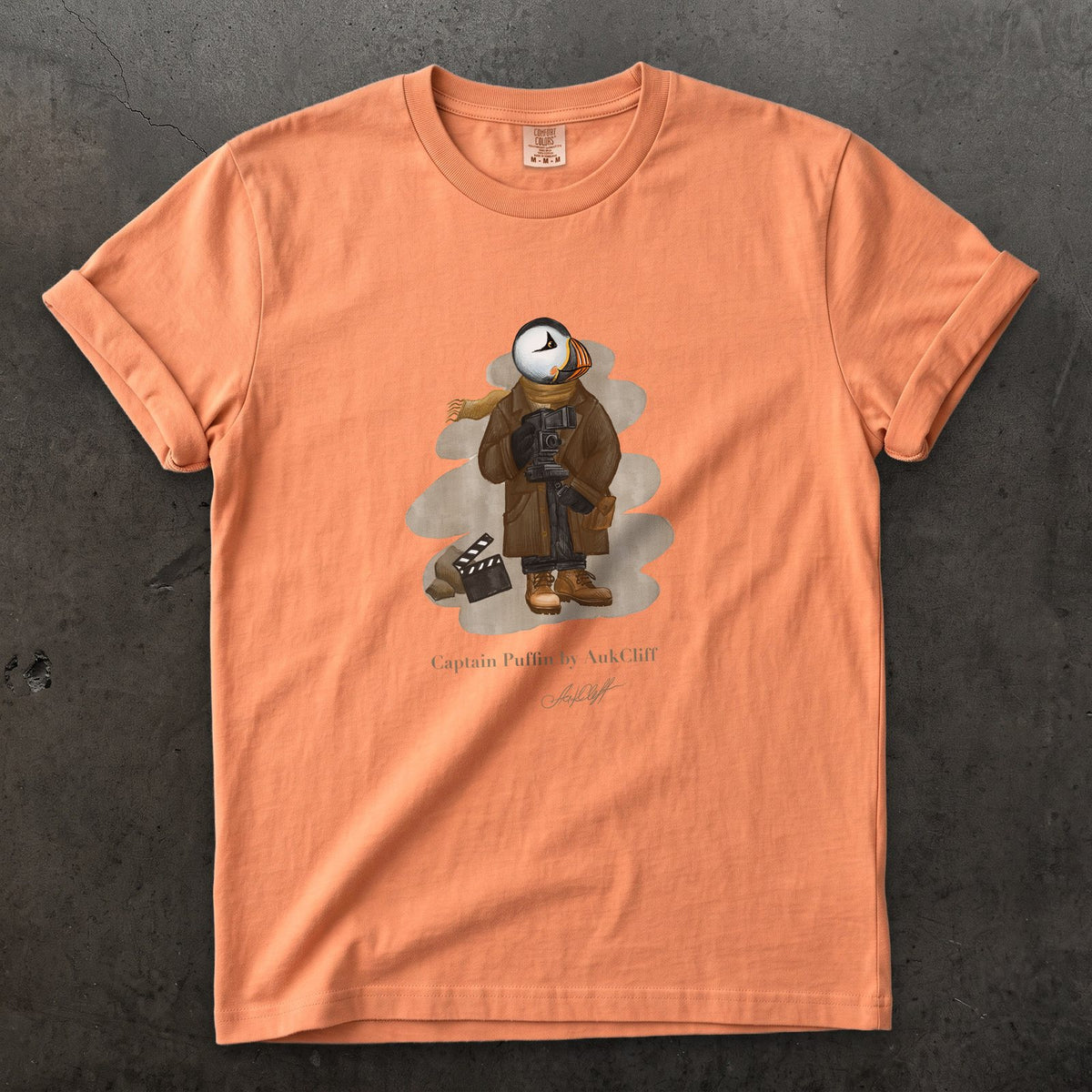 Captain Puffin Film Maker on a Terracotta Comfort Colors t-shirt