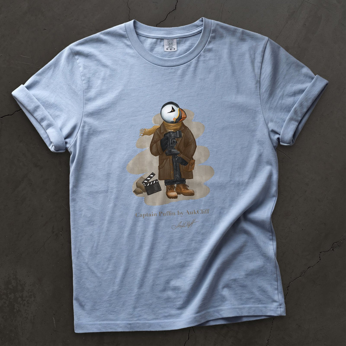 Captain Puffin Film Maker on a Washed Denim Comfort Colors t-shirt