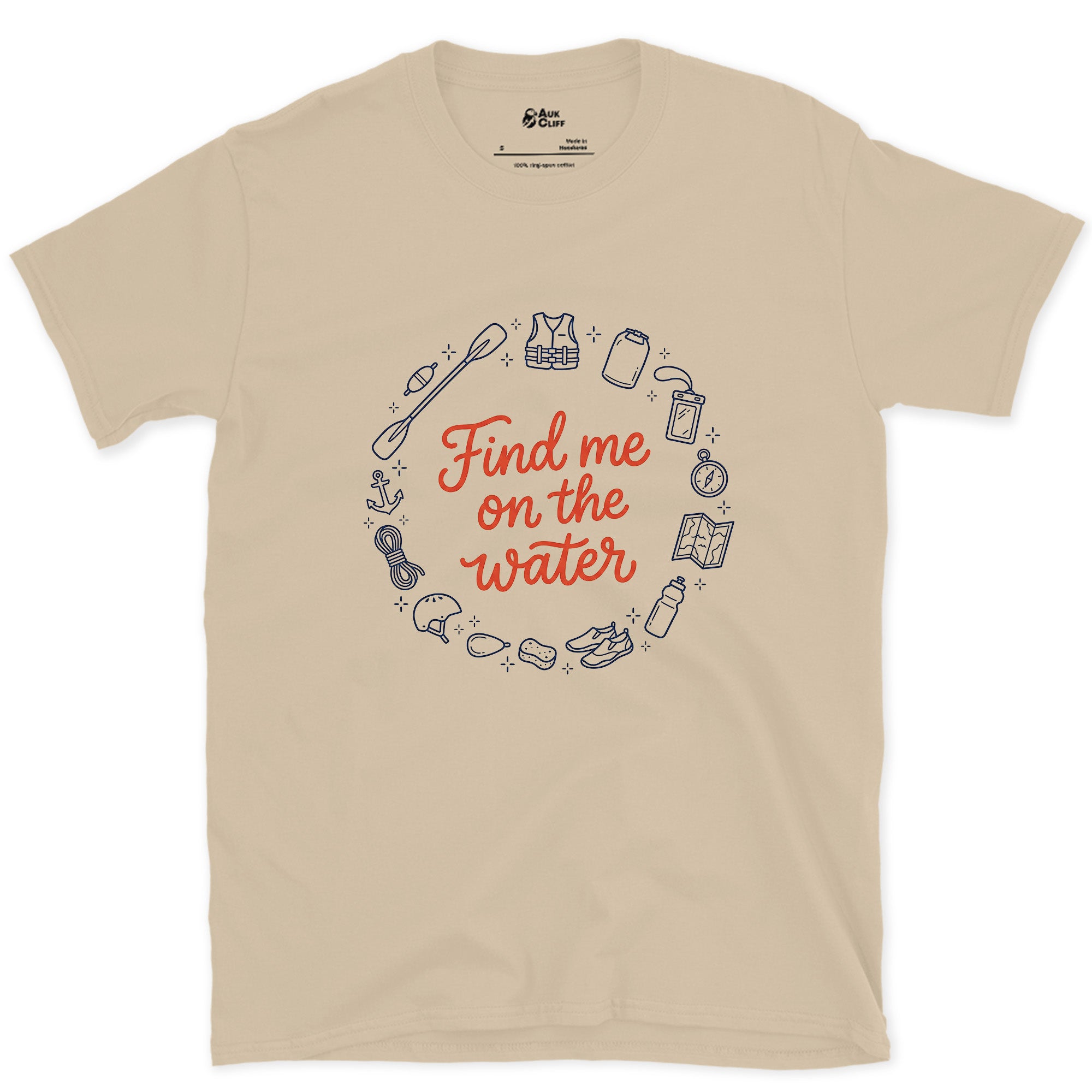 Find Me on the Water Paddling design on a Sand Gildan Softstyle t-shirt