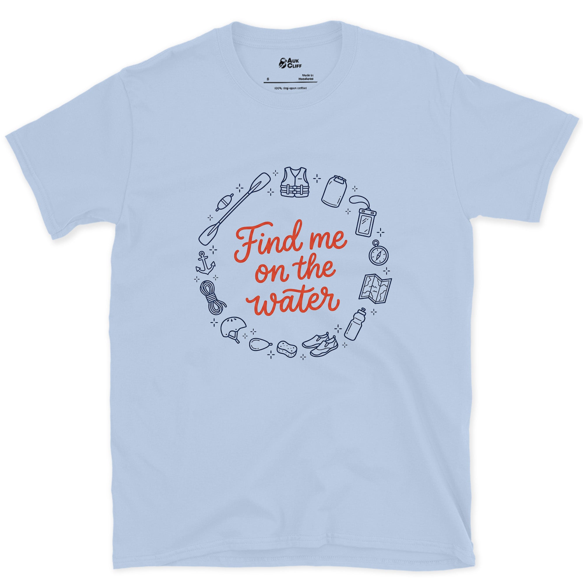Find Me on the Water Paddling design on a Light Blue Gildan Softstyle t-shirt