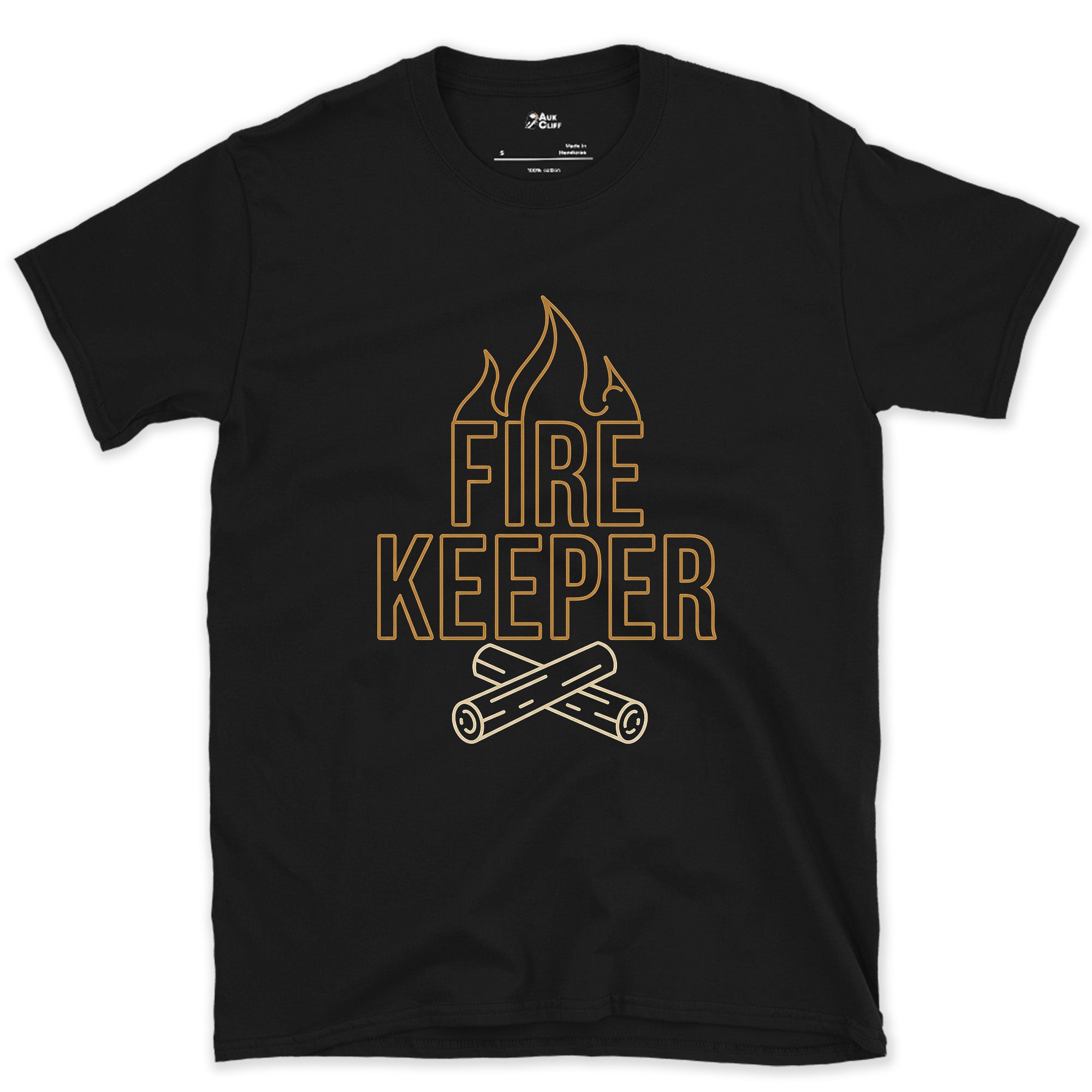 Keeper of the Camp Flame, Fine Line design on a Black Gildan Softstyle t-shirt