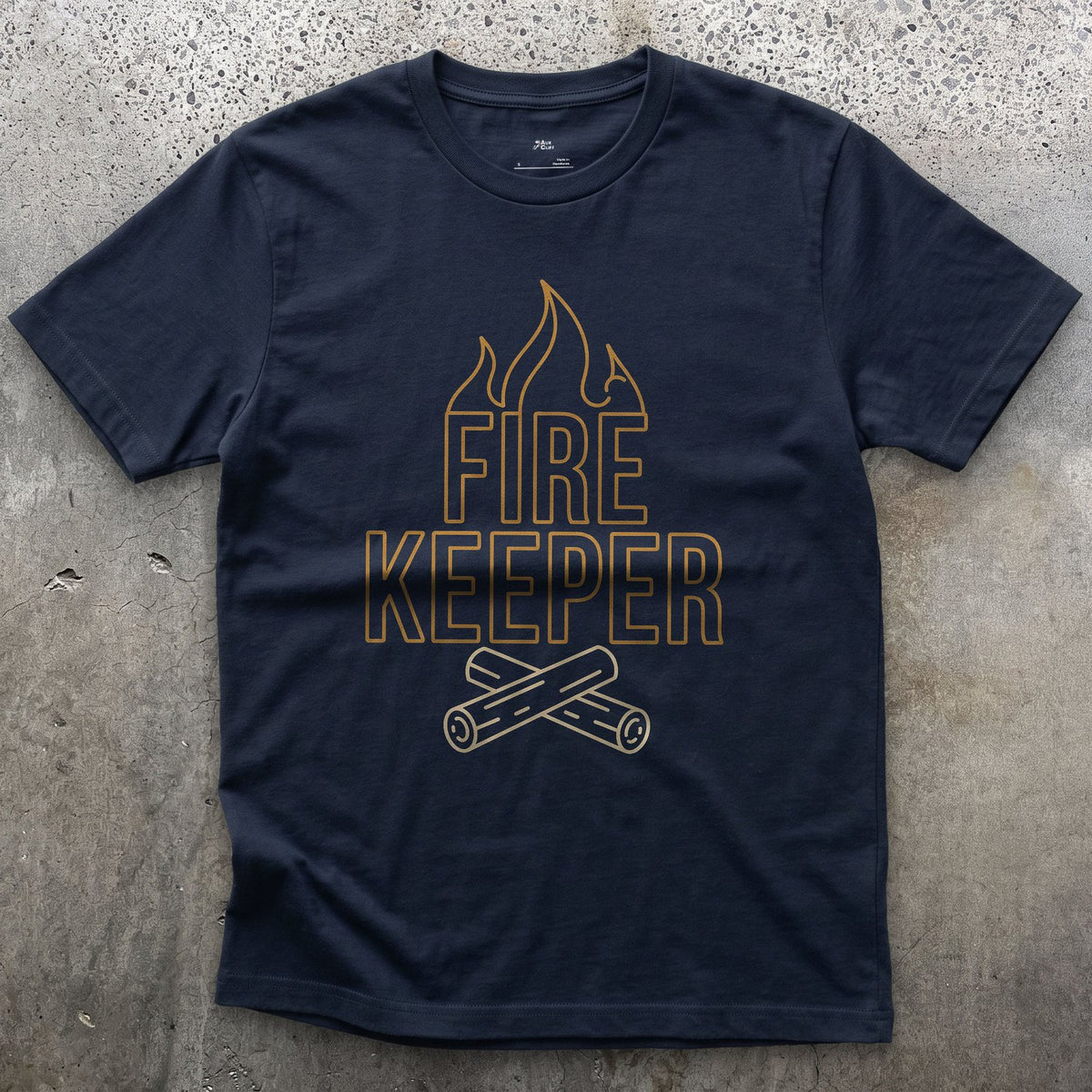 Keeper of the Camp Flame, Fine Line design on a Navy Gildan Softstyle t-shirt