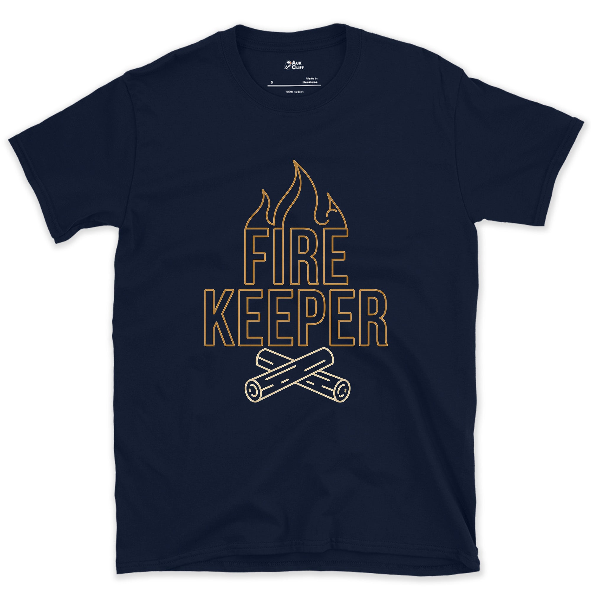 Keeper of the Camp Flame, Fine Line design on a Navy Gildan Softstyle t-shirt