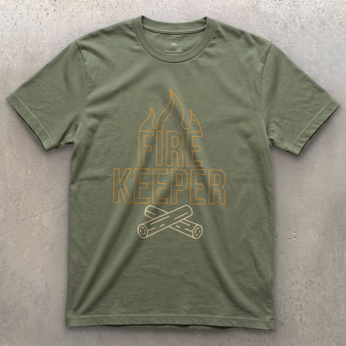 Keeper of the Camp Flame, Fine Line design on a Military Green Gildan Softstyle t-shirt