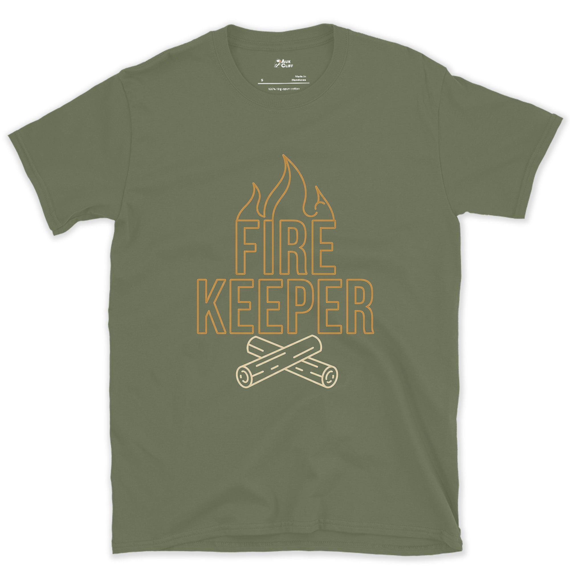 Keeper of the Camp Flame, Fine Line design on a Military Green Gildan Softstyle t-shirt