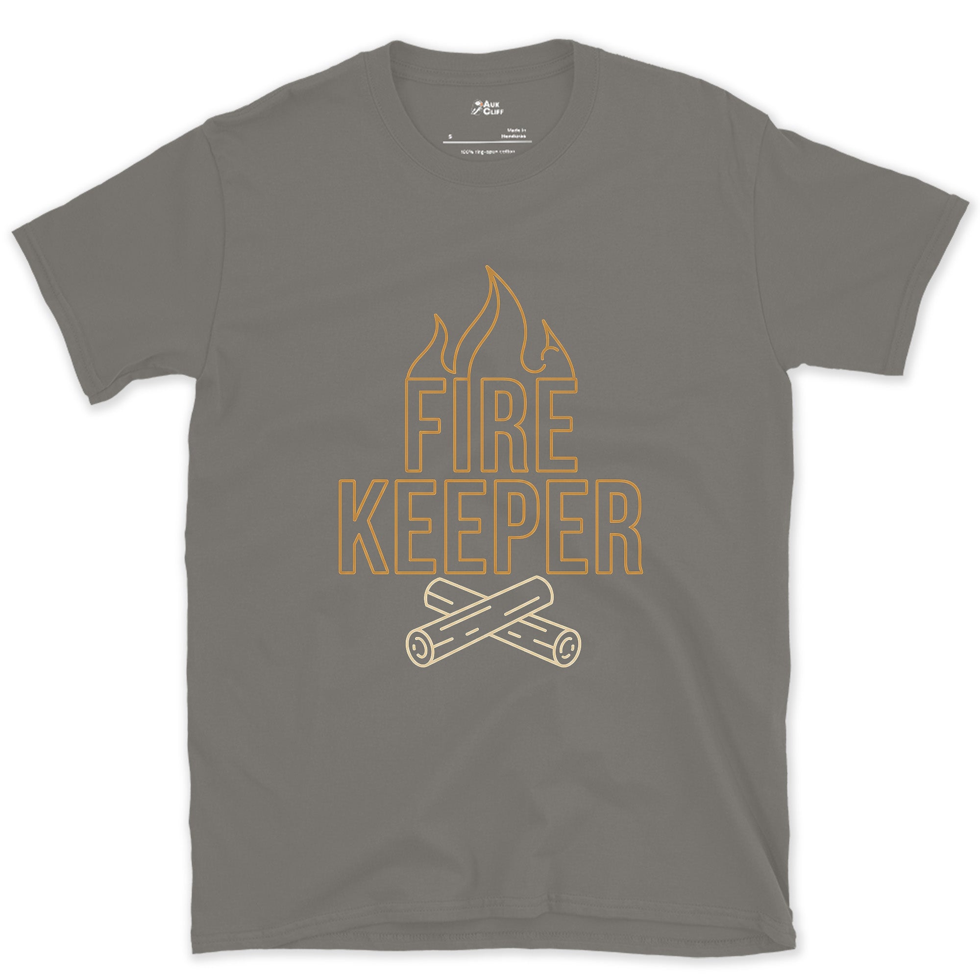 Keeper of the Camp Flame, Fine Line design on a Charcoal Gildan Softstyle t-shirt
