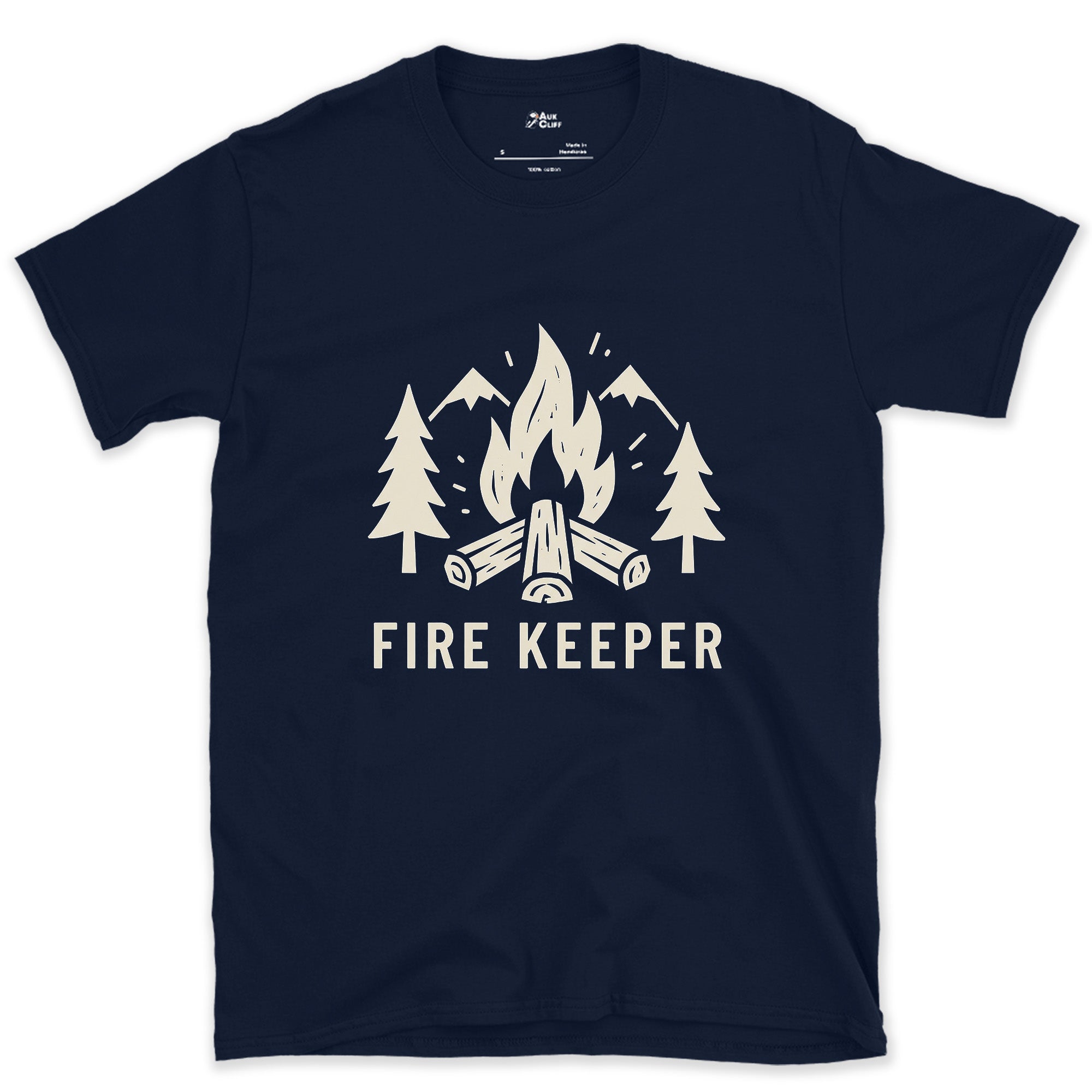 The Fire Keeper, Mountains and Firewood design on a Navy Gildan Softstyle t-shirt