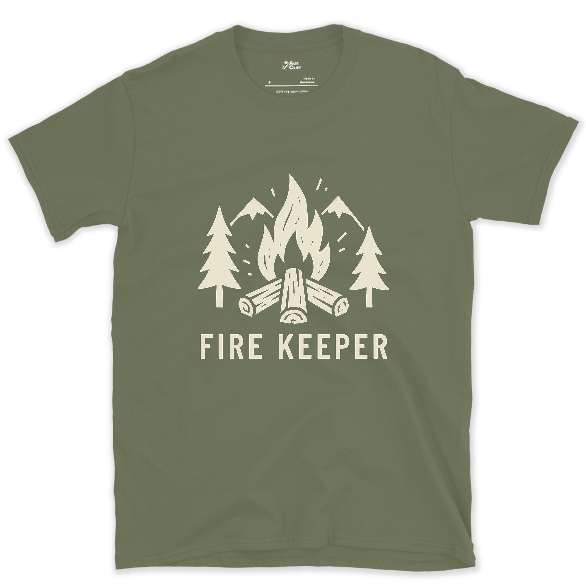 The Fire Keeper, Mountains and Firewood design on a Military Green Gildan Softstyle t-shirt