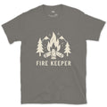 The Fire Keeper, Mountains and Firewood design on a Charcoal Gildan Softstyle t-shirt