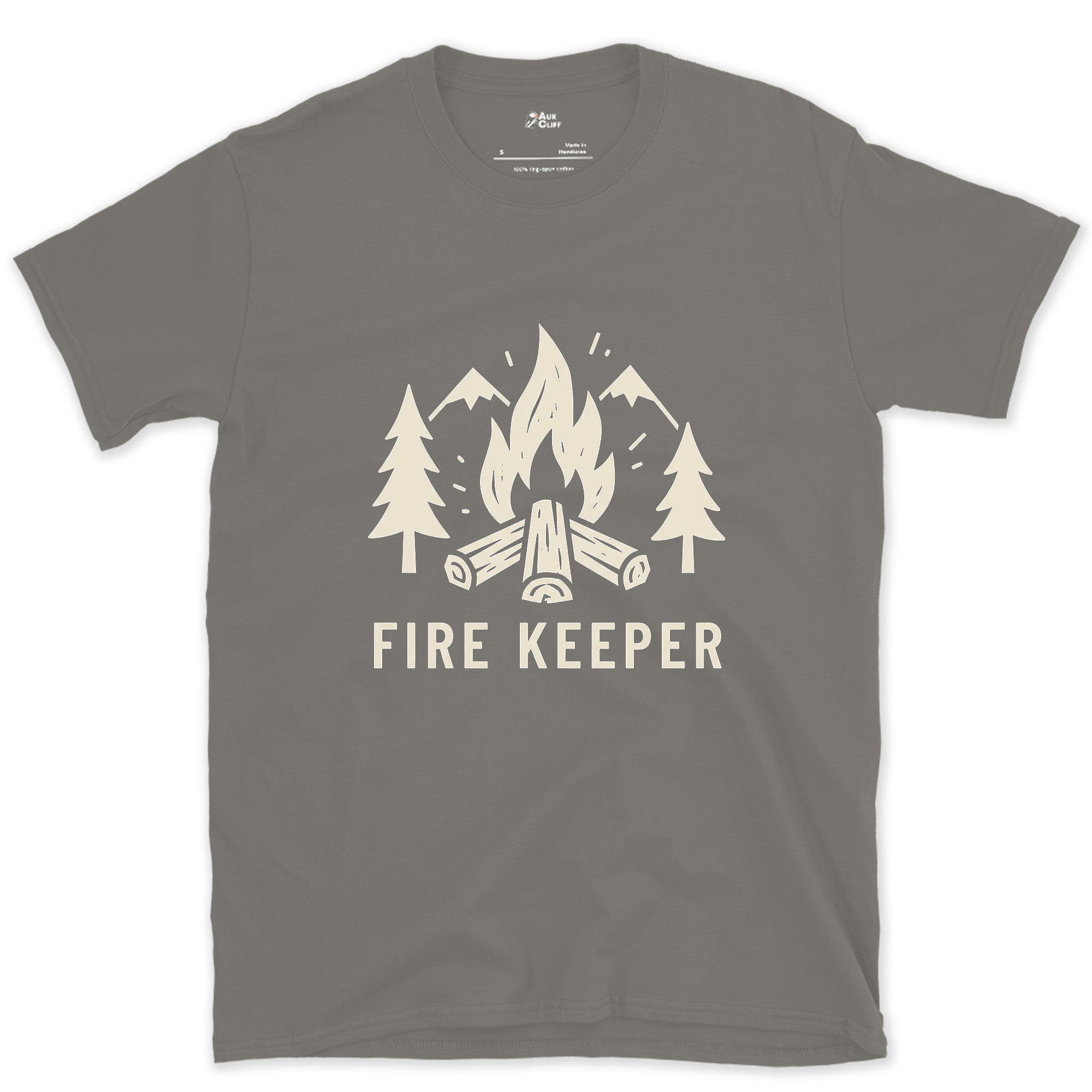 The Fire Keeper, Mountains and Firewood design on a Charcoal Gildan Softstyle t-shirt