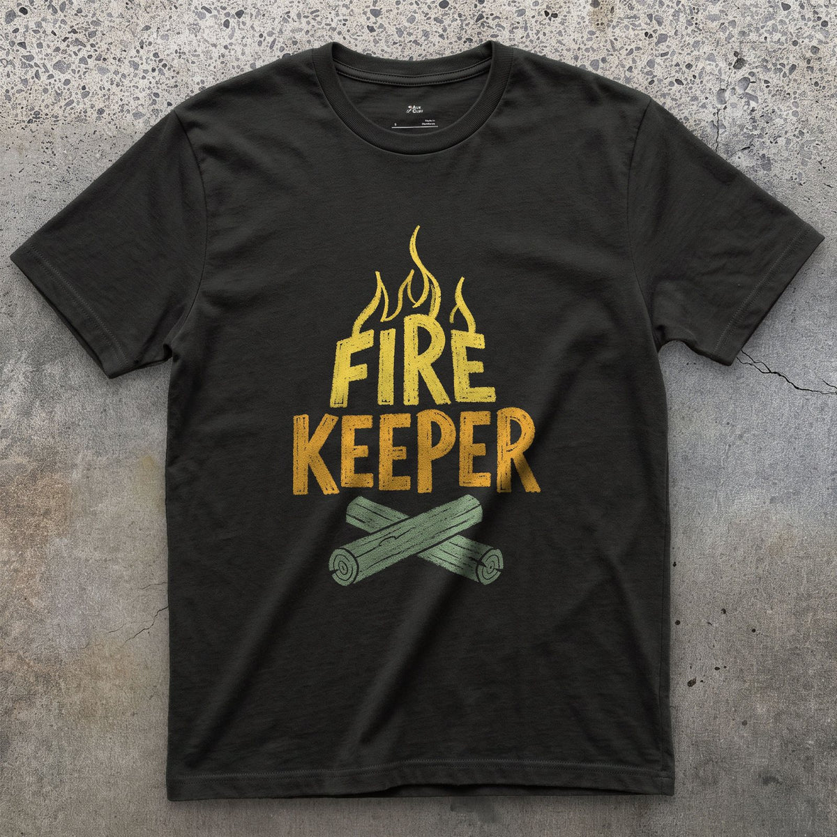 Fire Keeper, Crossed Logs at Camp design on a Black Gildan Softstyle t-shirt