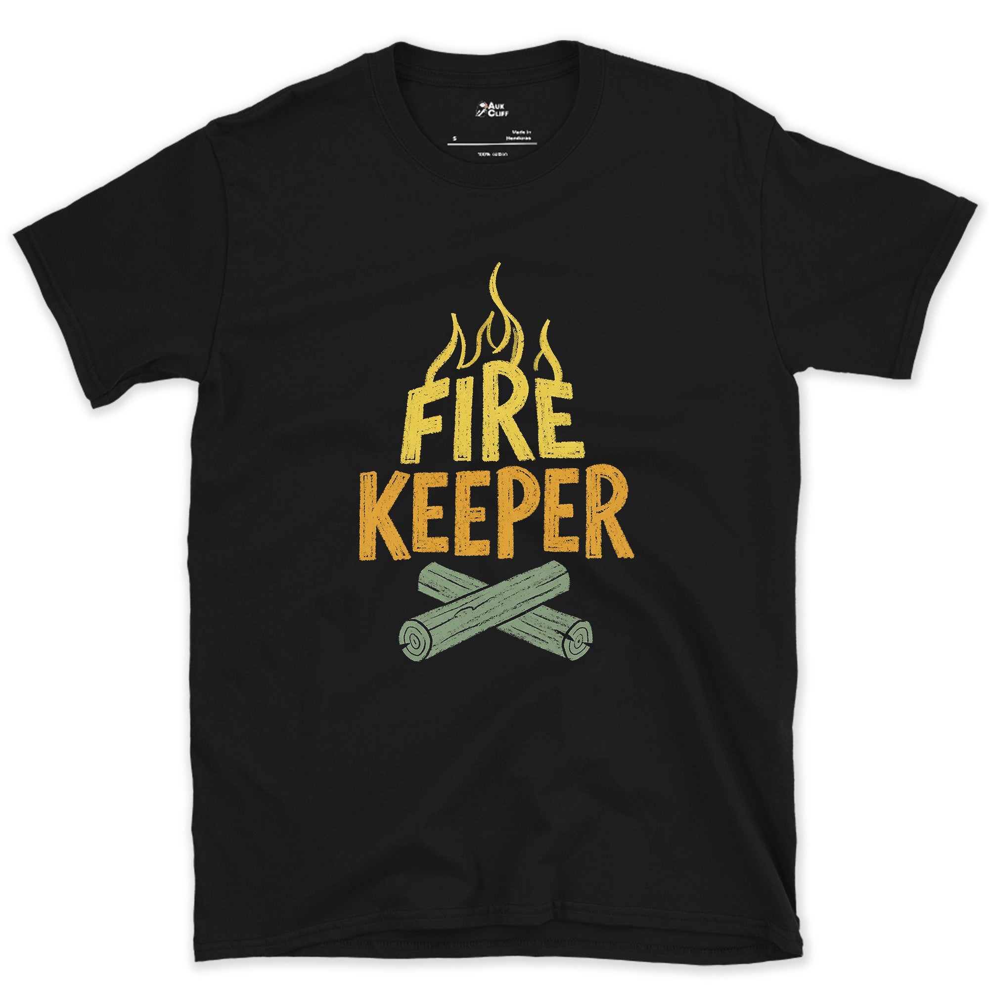 Fire Keeper, Crossed Logs at Camp design on a Black Gildan Softstyle t-shirt