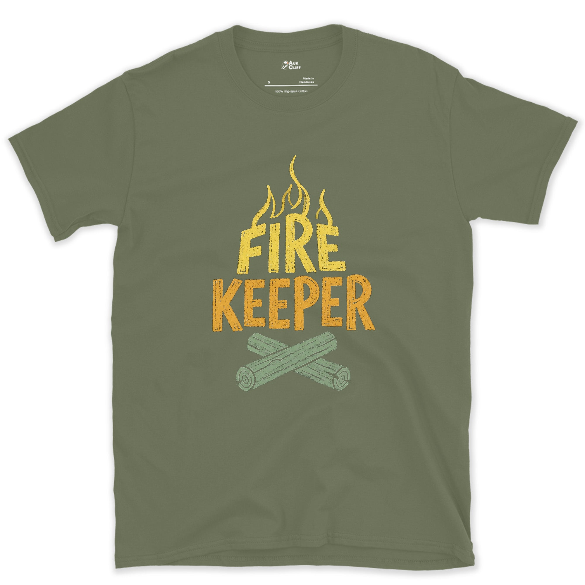 Fire Keeper, Crossed Logs at Camp design on a Military Green Gildan Softstyle t-shirt