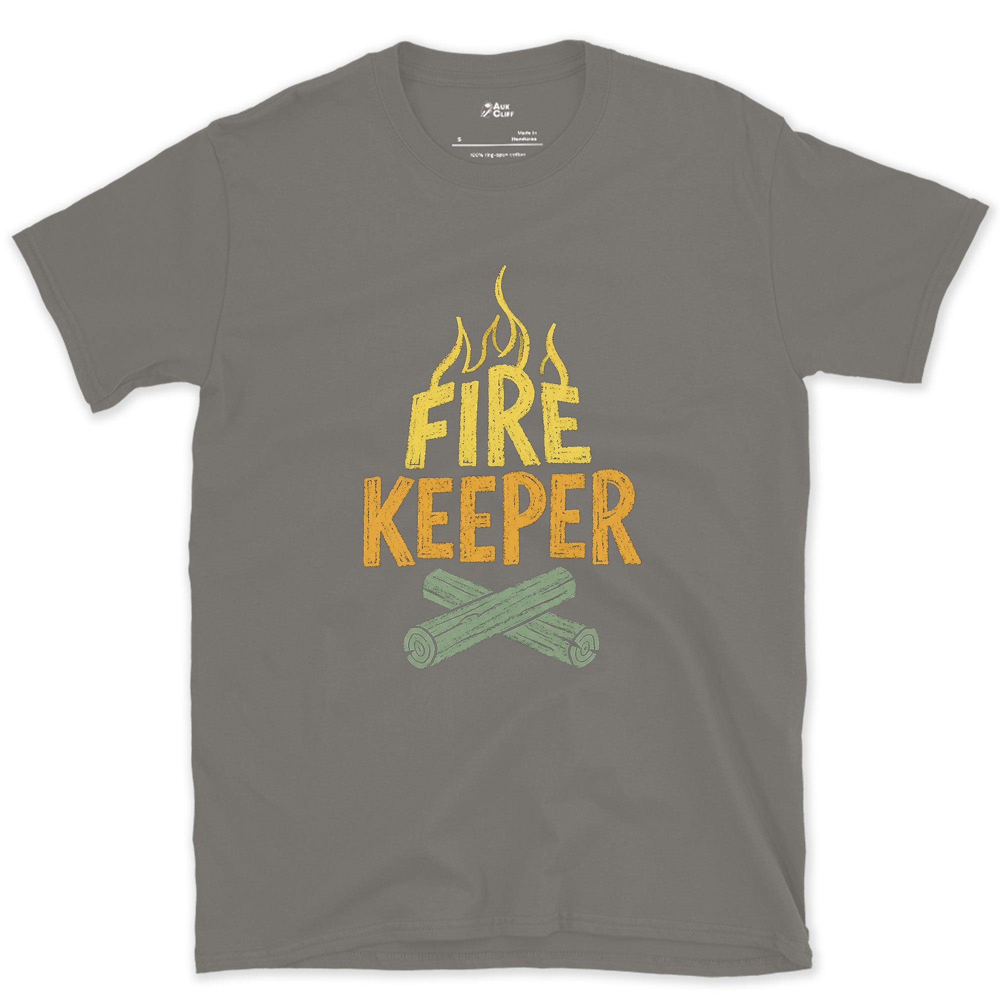 Fire Keeper, Crossed Logs at Camp design on a Charcoal Gildan Softstyle t-shirt