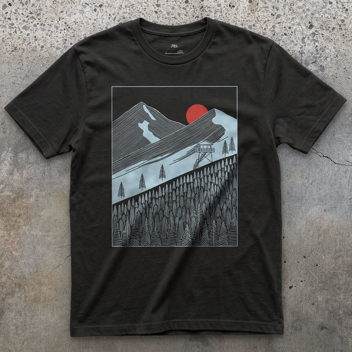 Watching the Mountain Treeline From the Tower design on a Black Gildan Softstyle t-shirt