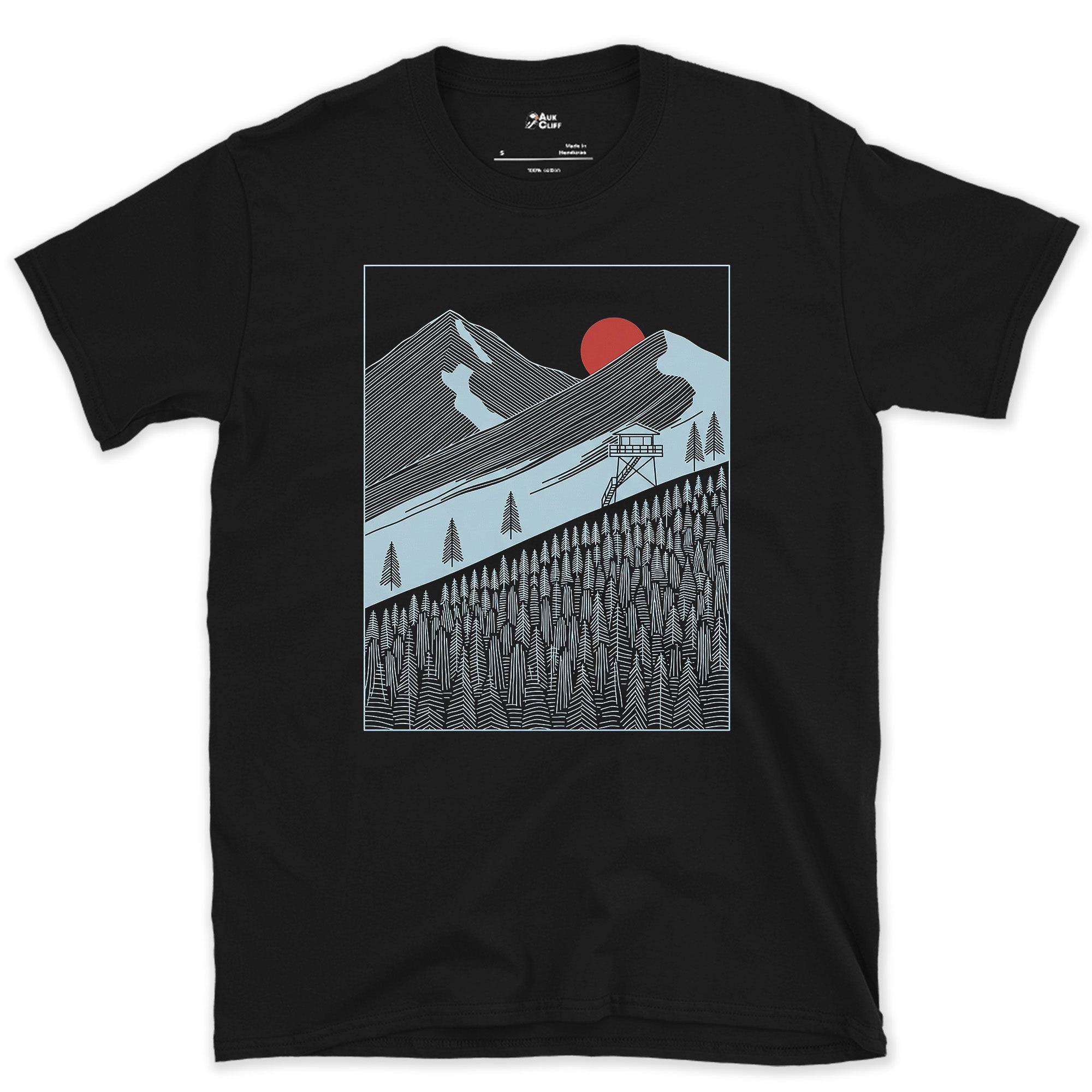 Watching the Mountain Treeline From the Tower design on a Black Gildan Softstyle t-shirt