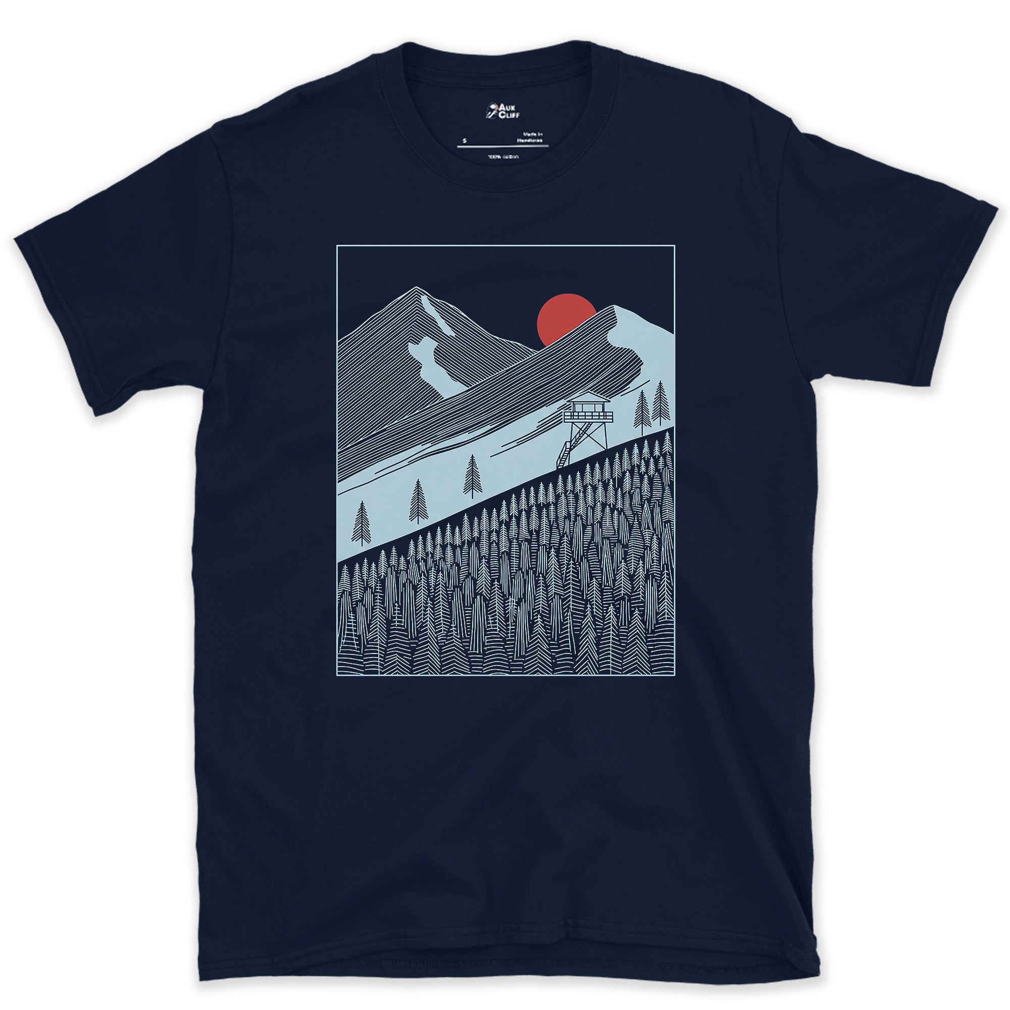 Watching the Mountain Treeline From the Tower design on a Navy Gildan Softstyle t-shirt