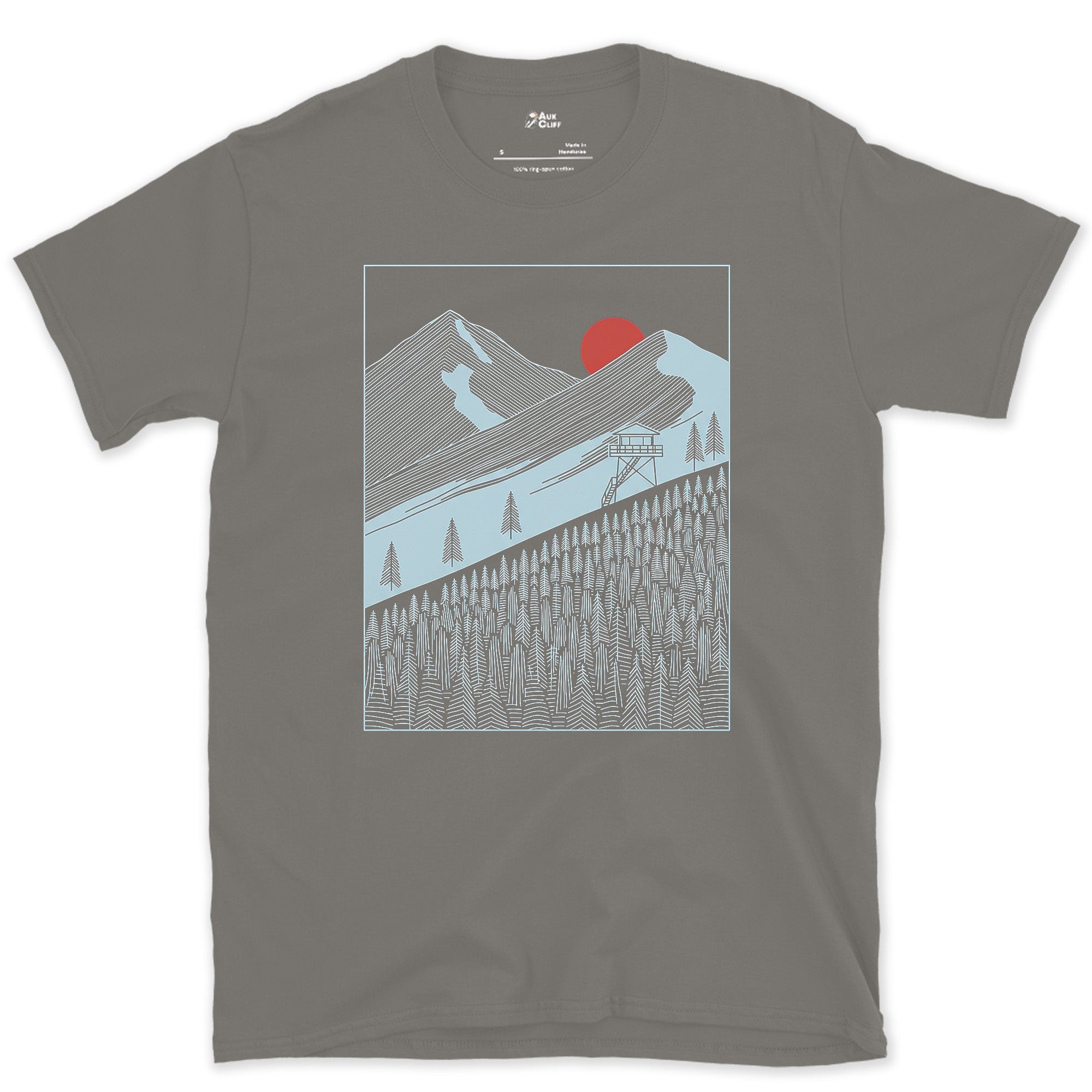 Watching the Mountain Treeline From the Tower design on a Charcoal Gildan Softstyle t-shirt
