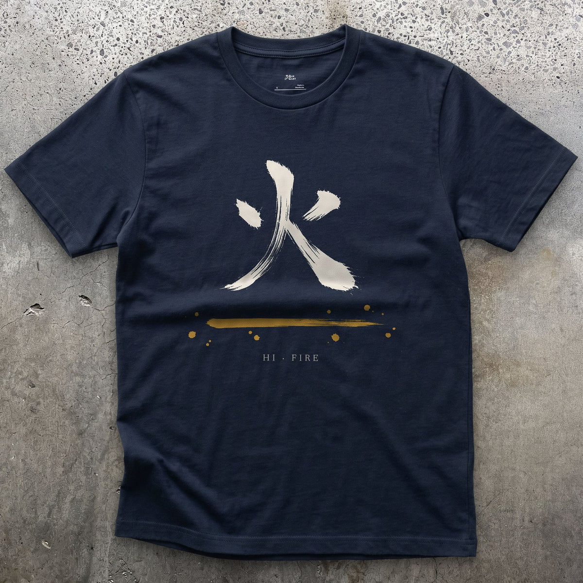 Fire in Japanese design on a Navy Gildan Softstyle t-shirt