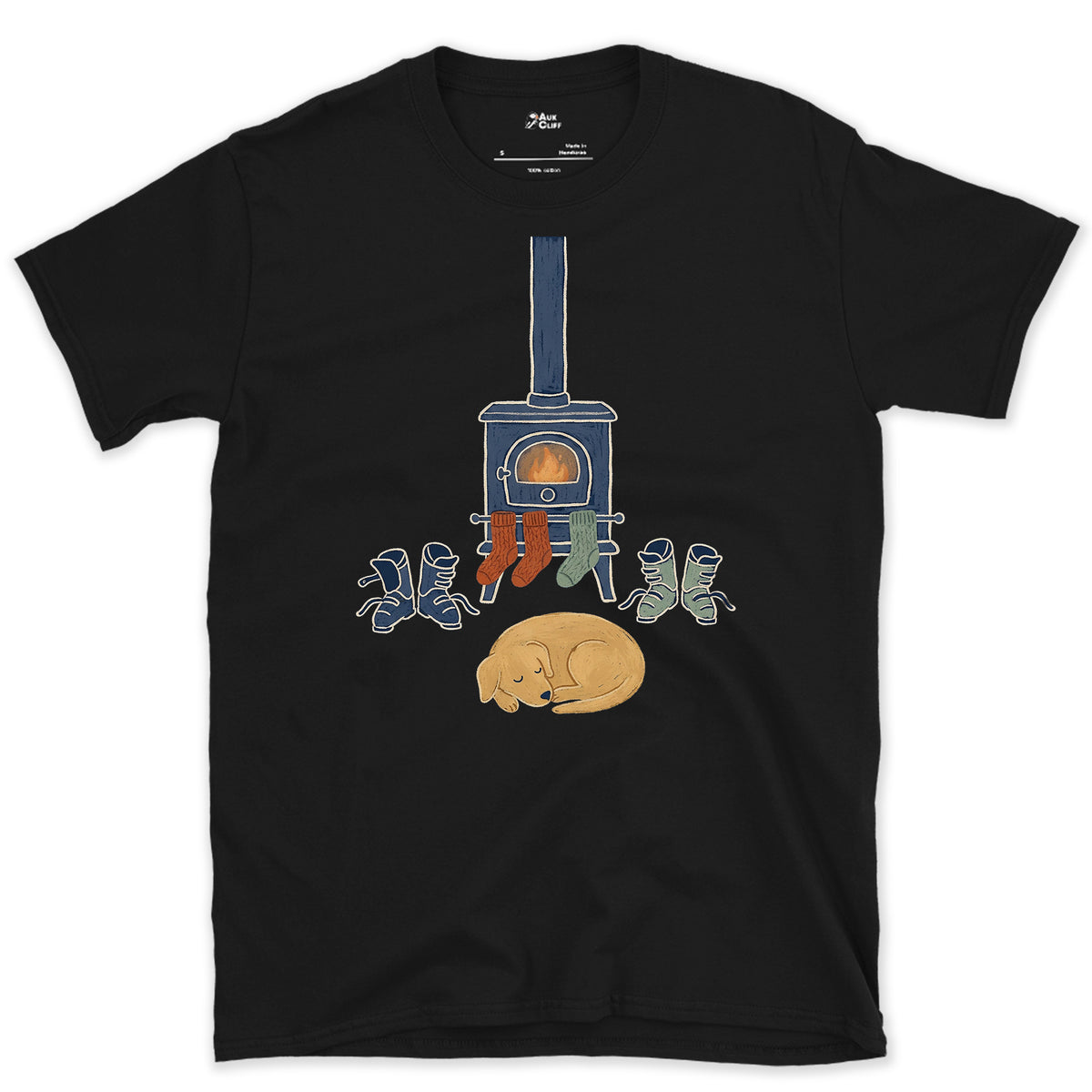 Fireside Boots and Dog design on a Black Gildan Softstyle t-shirt