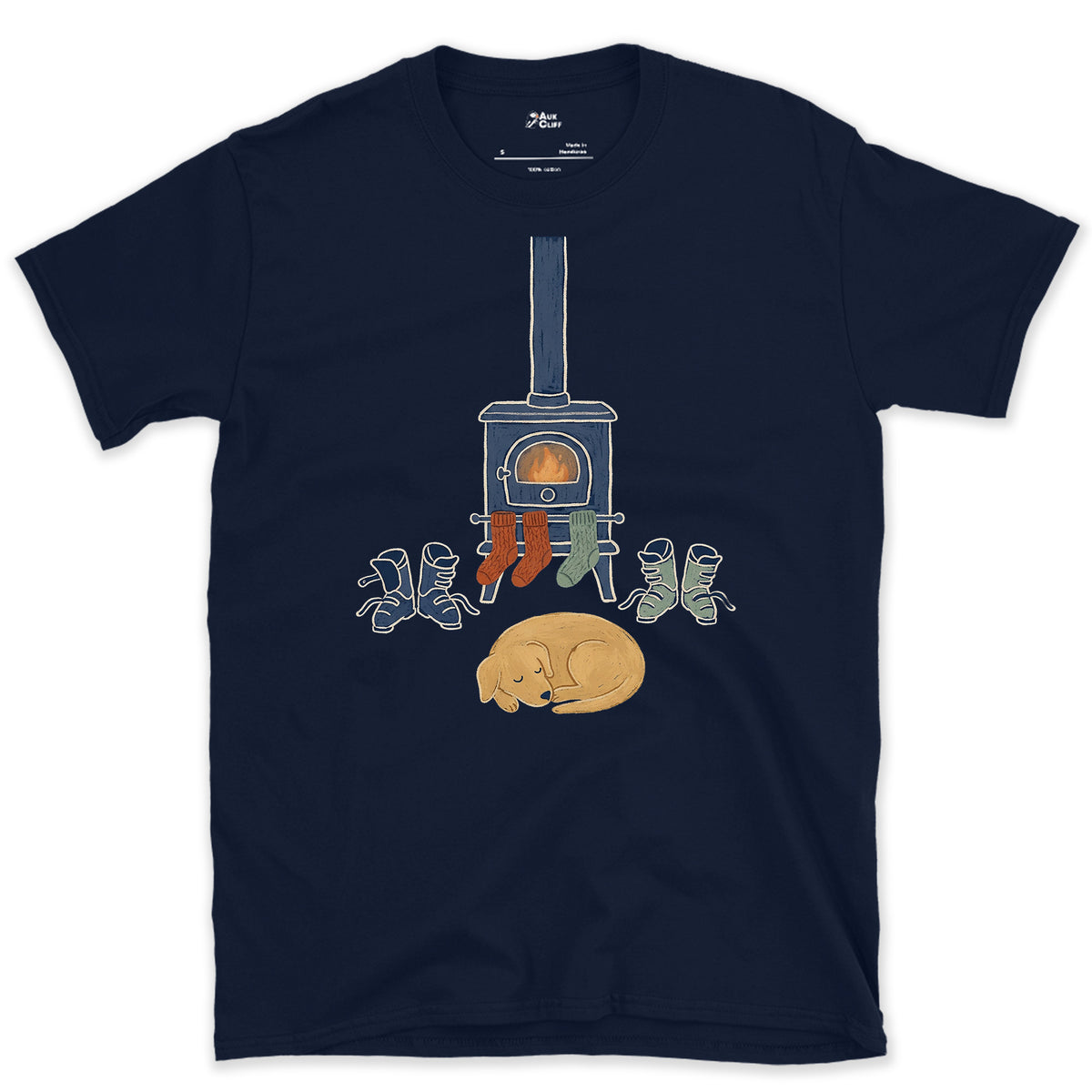 Fireside Boots and Dog design on a Navy Gildan Softstyle t-shirt