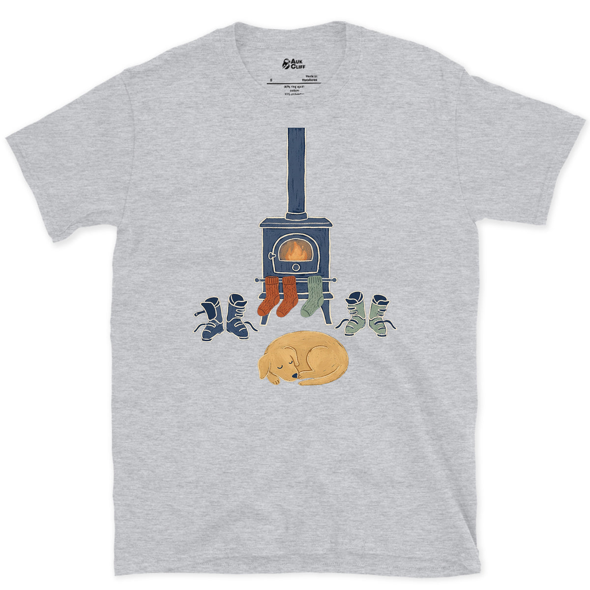 Fireside Boots and Dog design on a Sport Grey Gildan Softstyle t-shirt