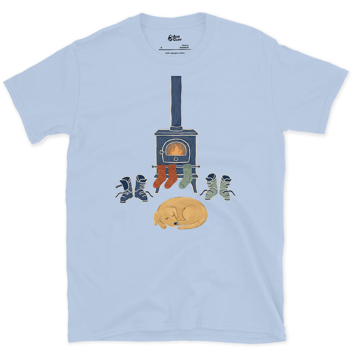 Fireside Boots and Dog design on a Light Blue Gildan Softstyle t-shirt