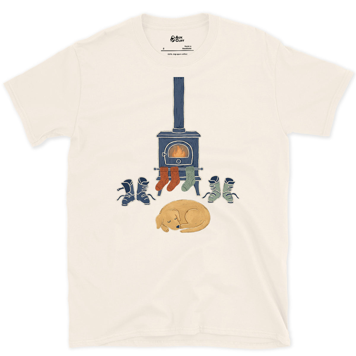 Fireside Boots and Dog design on a Natural Gildan Softstyle t-shirt