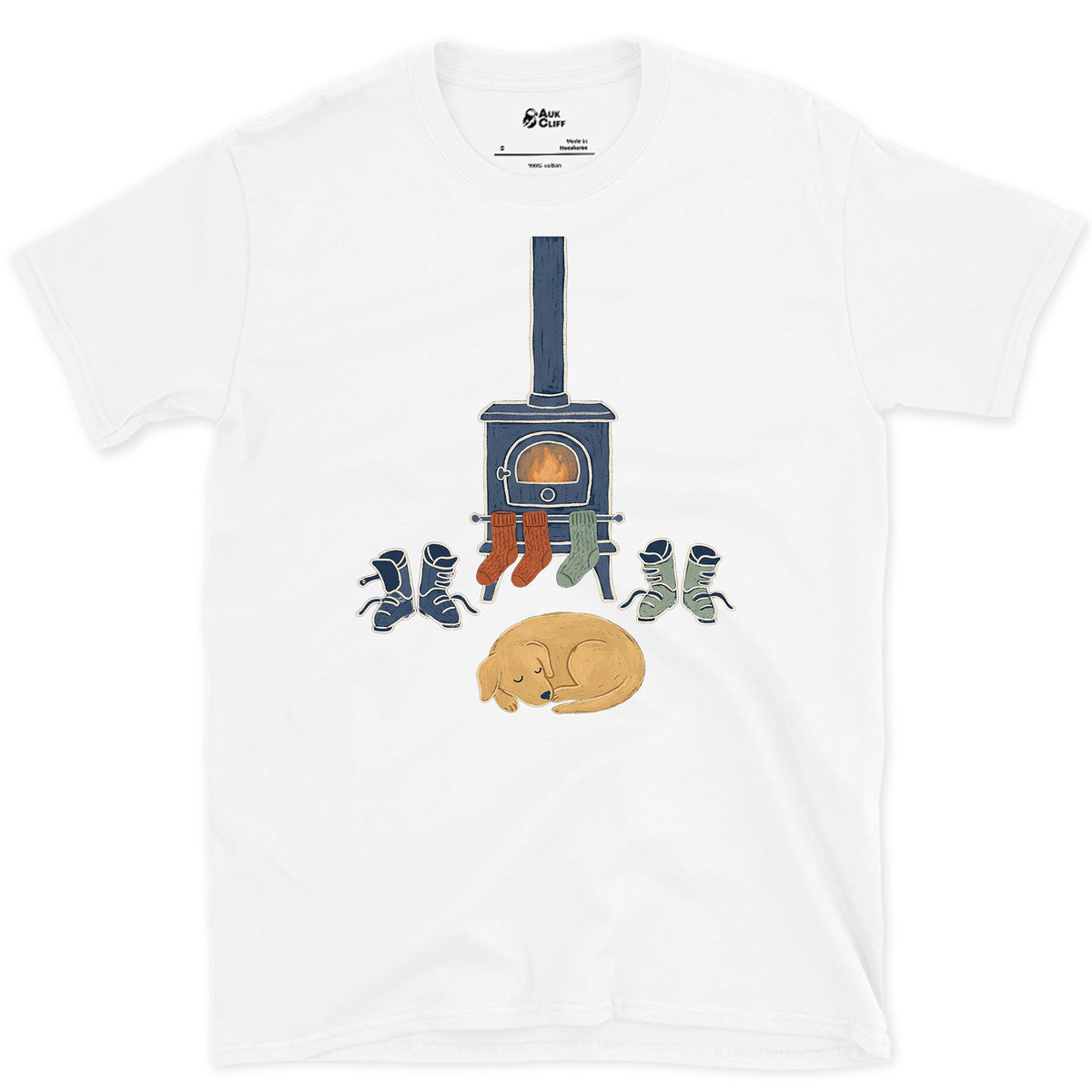 Fireside Boots and Dog design on a White Gildan Softstyle t-shirt