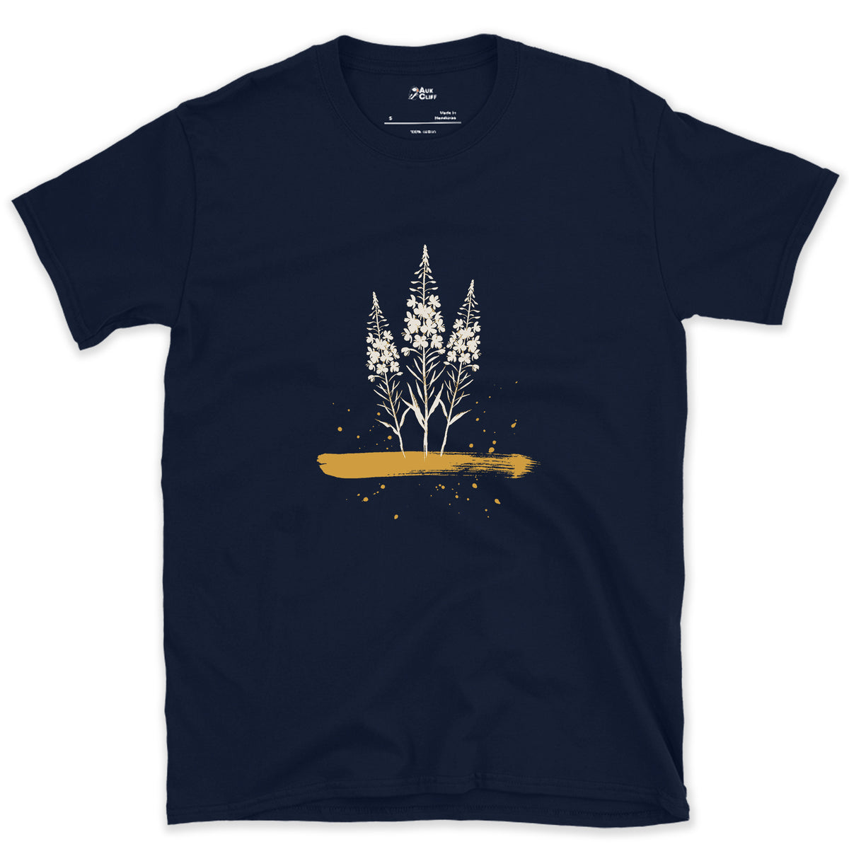 Fireweed on Burnt Ground design on a Navy Gildan Softstyle t-shirt