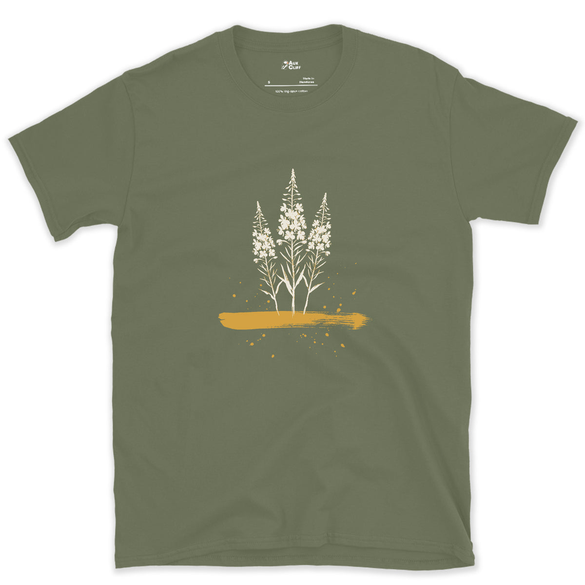 Fireweed on Burnt Ground design on a Military Green Gildan Softstyle t-shirt