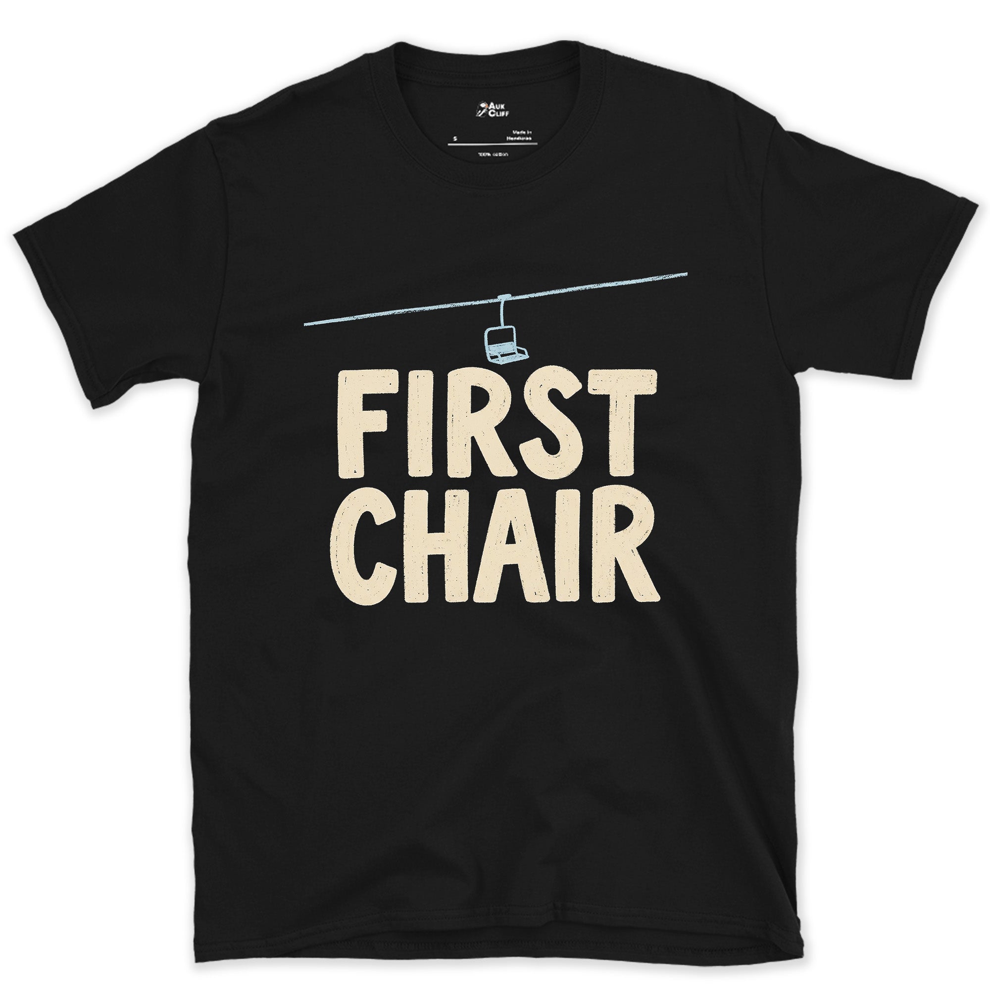 First Chair, the Chairlift Cable Between the Towers design on a Black Gildan Softstyle t-shirt