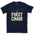 First Chair, the Chairlift Cable Between the Towers design on a Navy Gildan Softstyle t-shirt