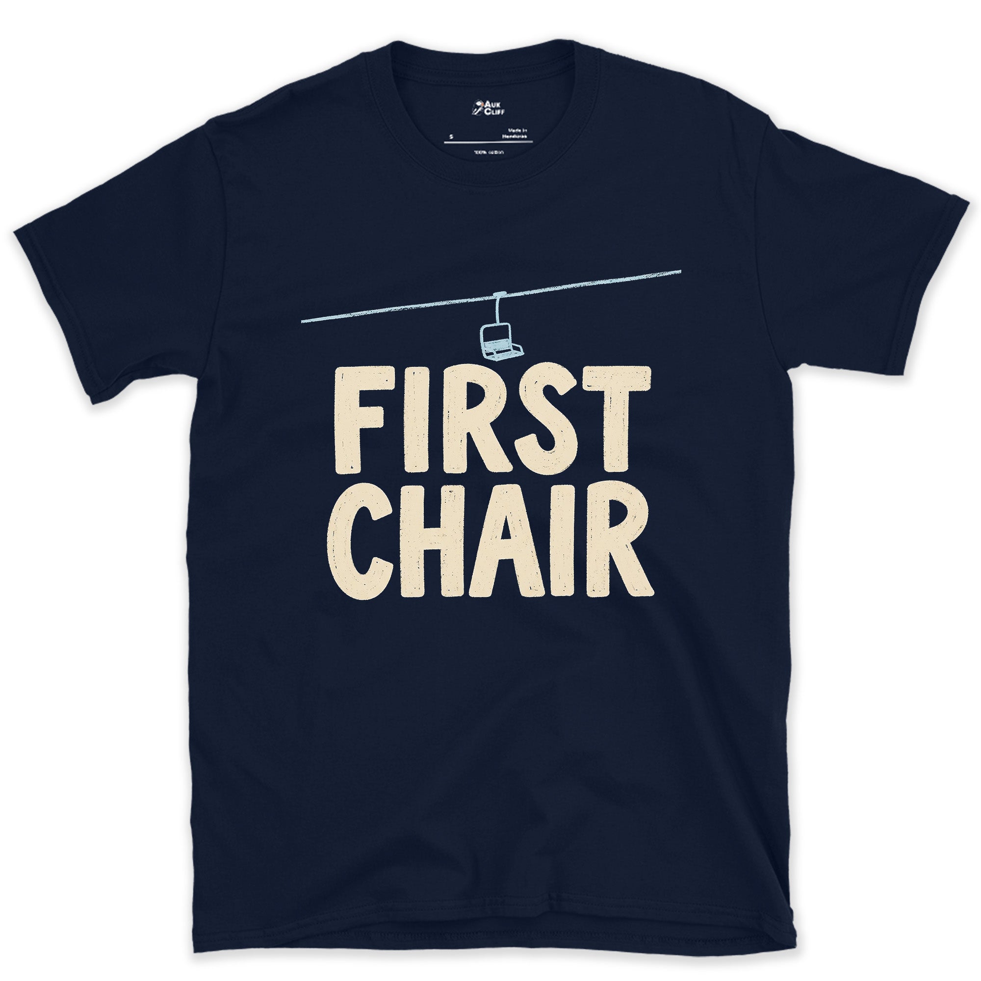 First Chair, the Chairlift Cable Between the Towers design on a Navy Gildan Softstyle t-shirt
