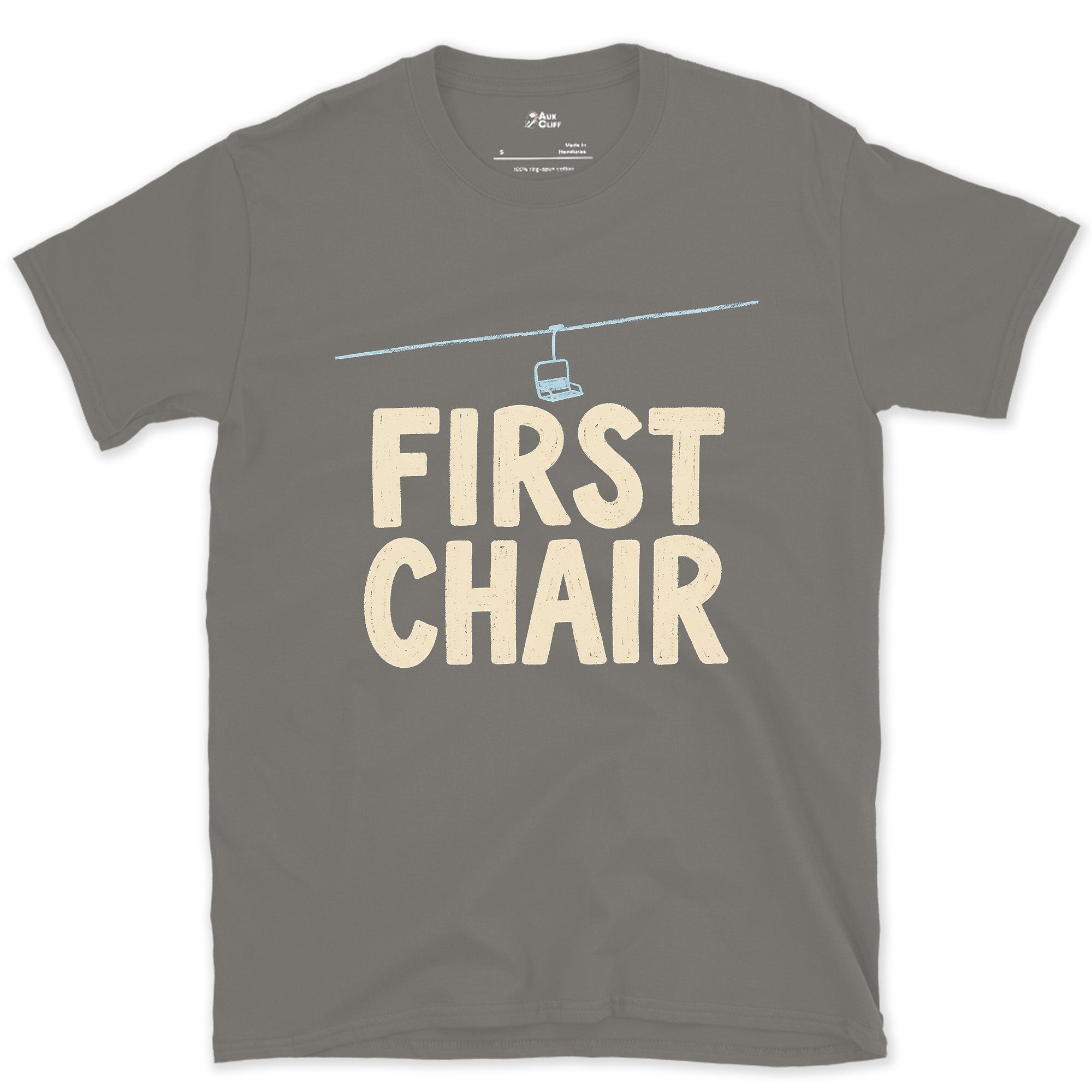 First Chair, the Chairlift Cable Between the Towers design on a Charcoal Gildan Softstyle t-shirt