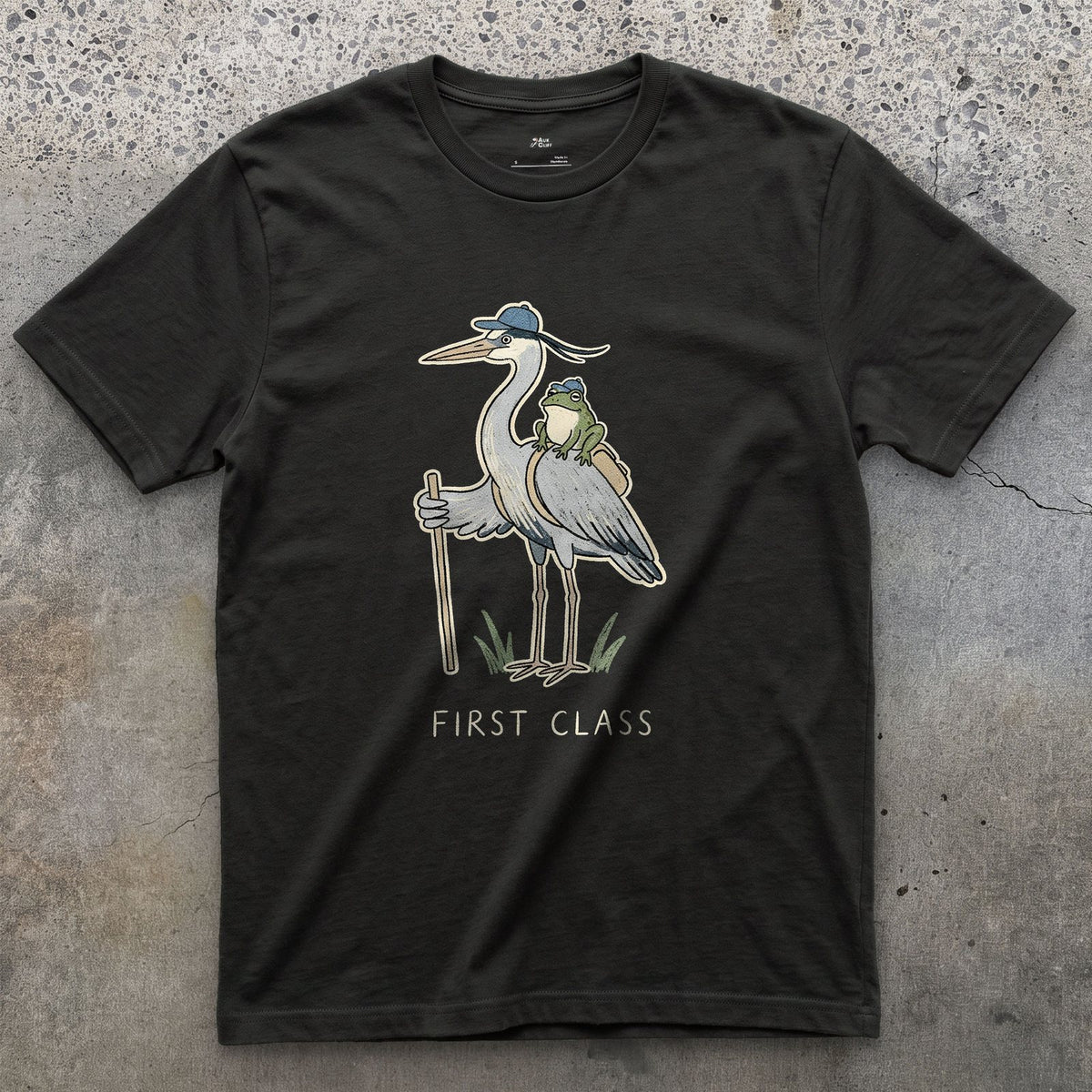 First Class, Heron Hiker and Frog design on a Black Gildan Softstyle t-shirt