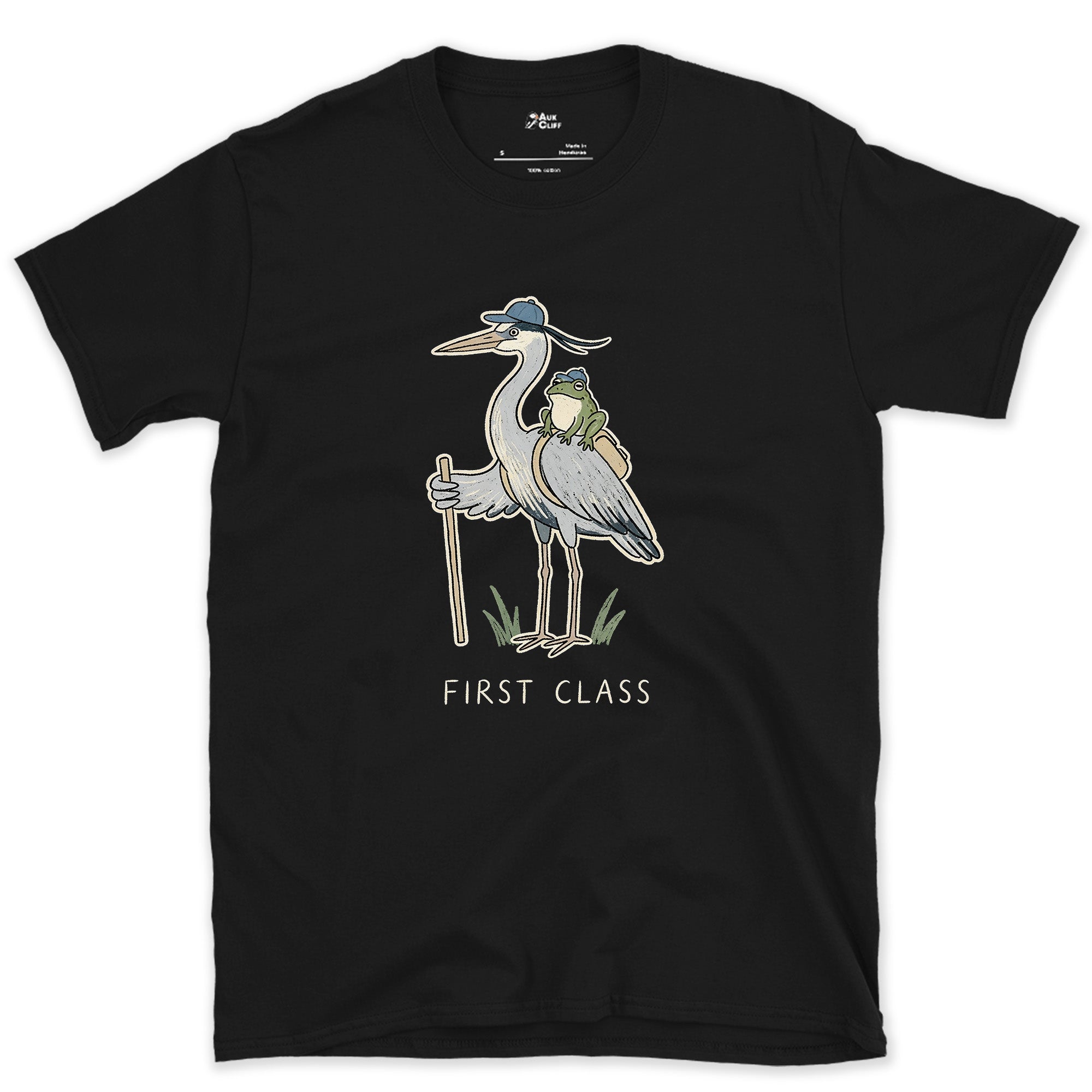 First Class, Heron Hiker and Frog design on a Black Gildan Softstyle t-shirt