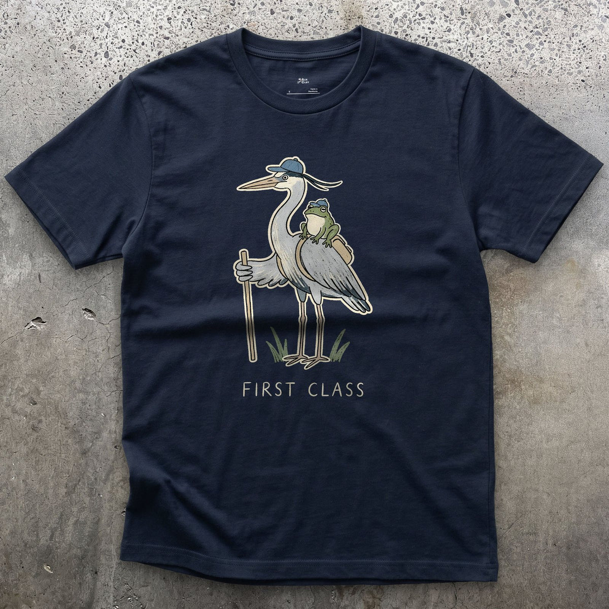 First Class, Heron Hiker and Frog design on a Navy Gildan Softstyle t-shirt