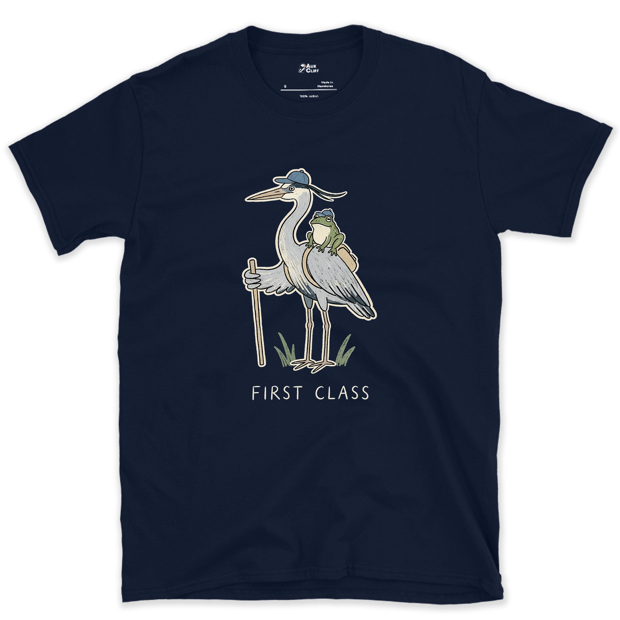 First Class, Heron Hiker and Frog design on a Navy Gildan Softstyle t-shirt