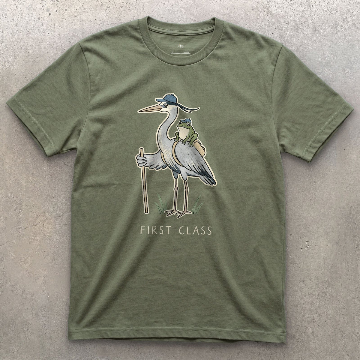First Class, Heron Hiker and Frog design on a Military Green Gildan Softstyle t-shirt