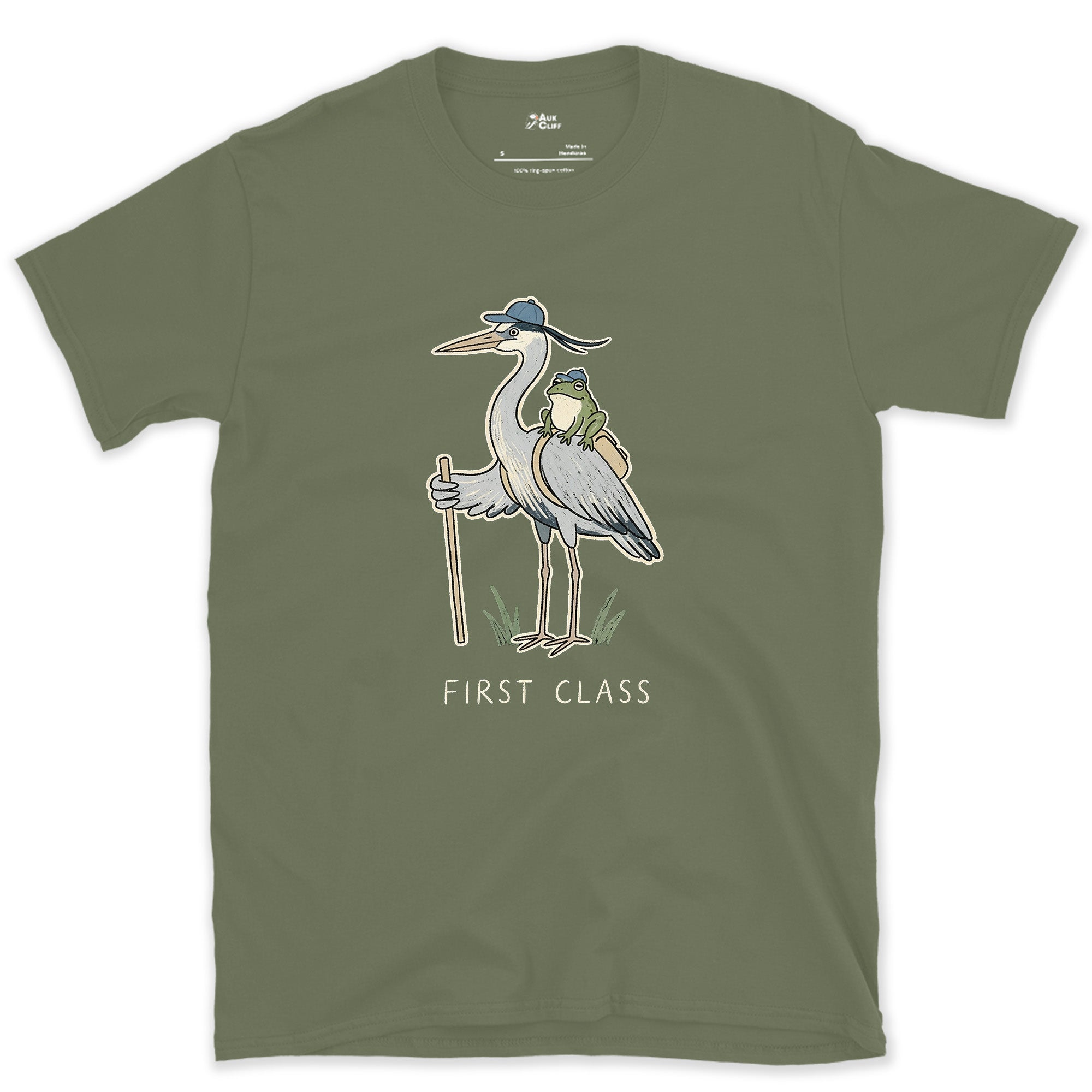 First Class, Heron Hiker and Frog design on a Military Green Gildan Softstyle t-shirt