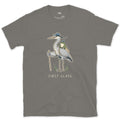 First Class, Heron Hiker and Frog design on a Charcoal Gildan Softstyle t-shirt