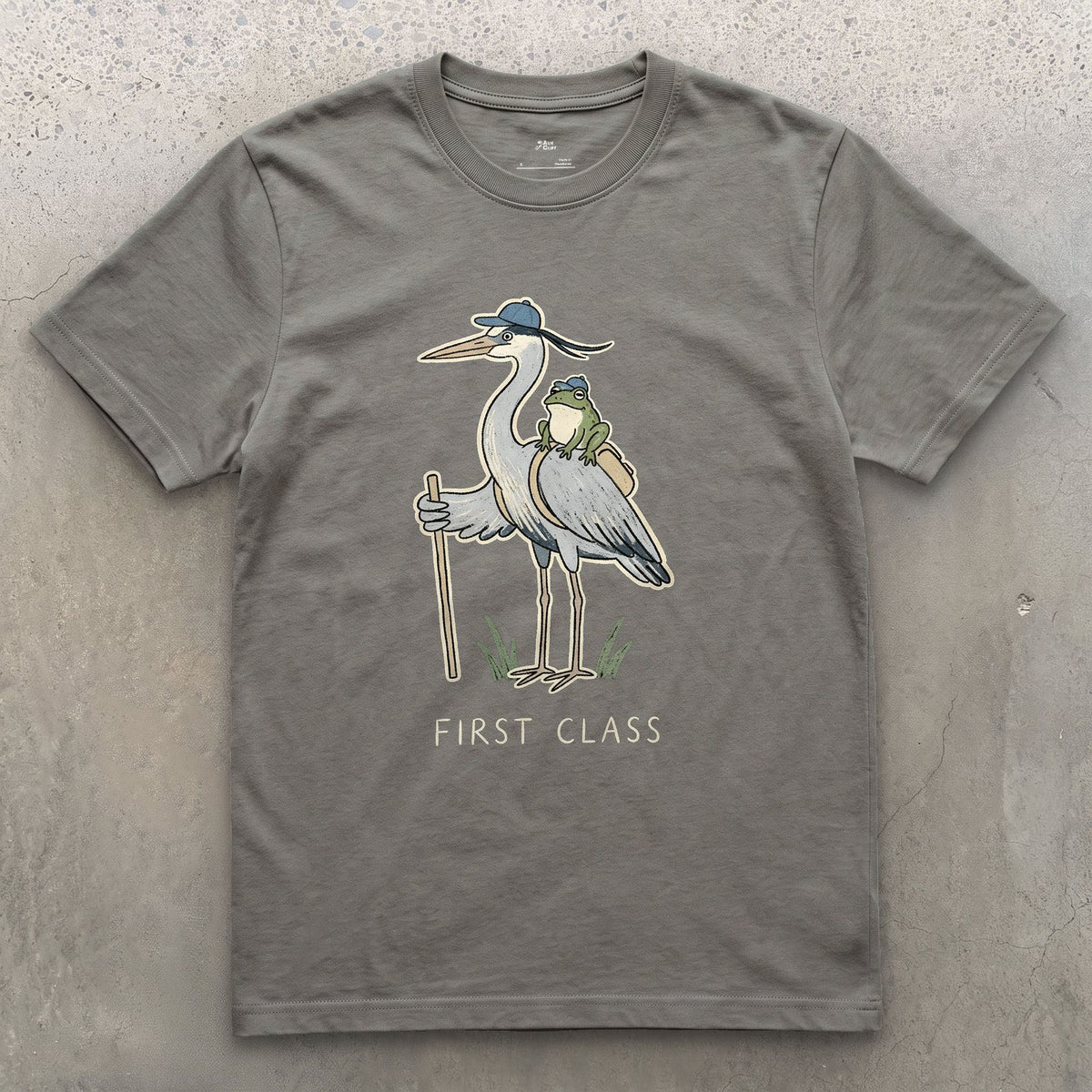 First Class, Heron Hiker and Frog design on a Charcoal Gildan Softstyle t-shirt