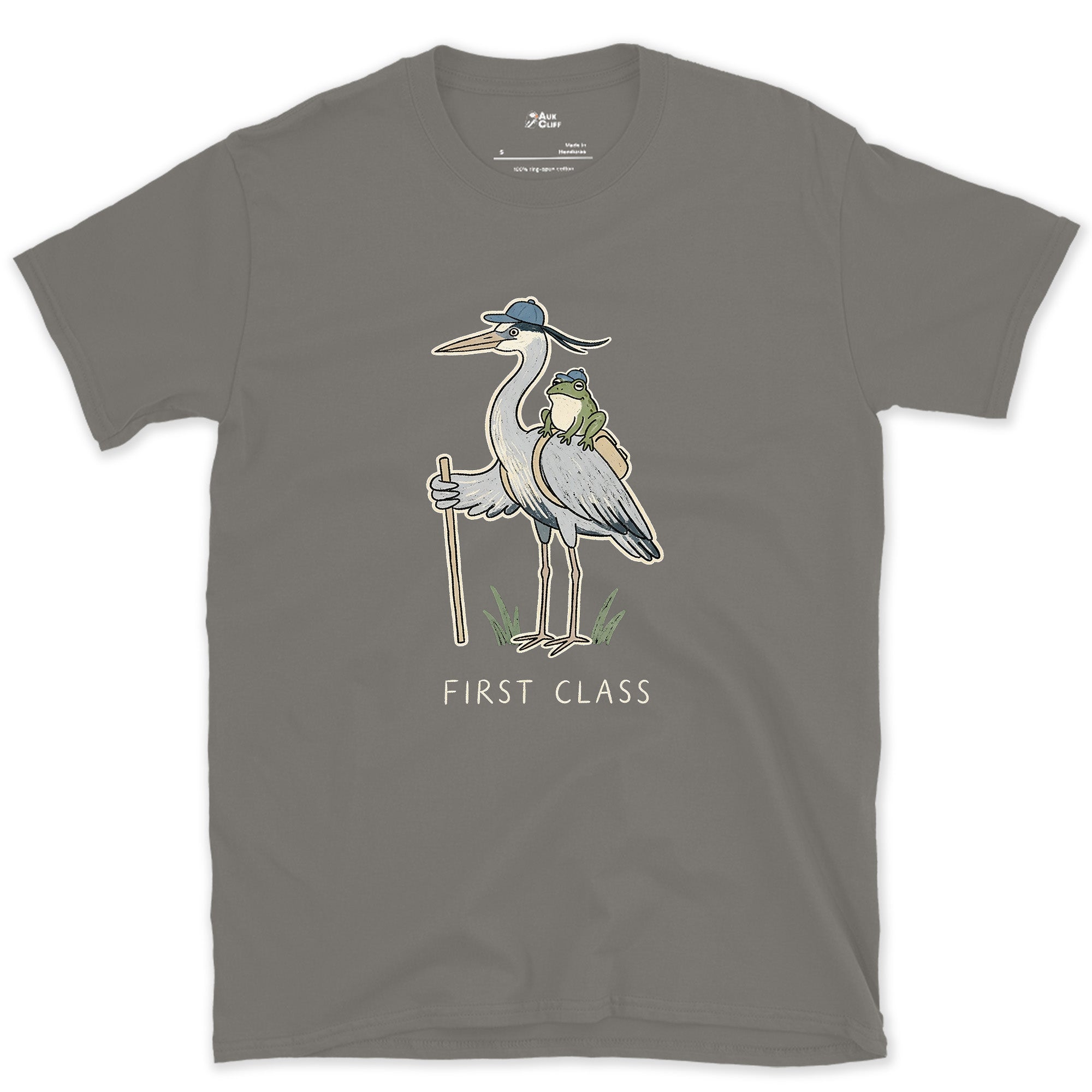 First Class, Heron Hiker and Frog design on a Charcoal Gildan Softstyle t-shirt