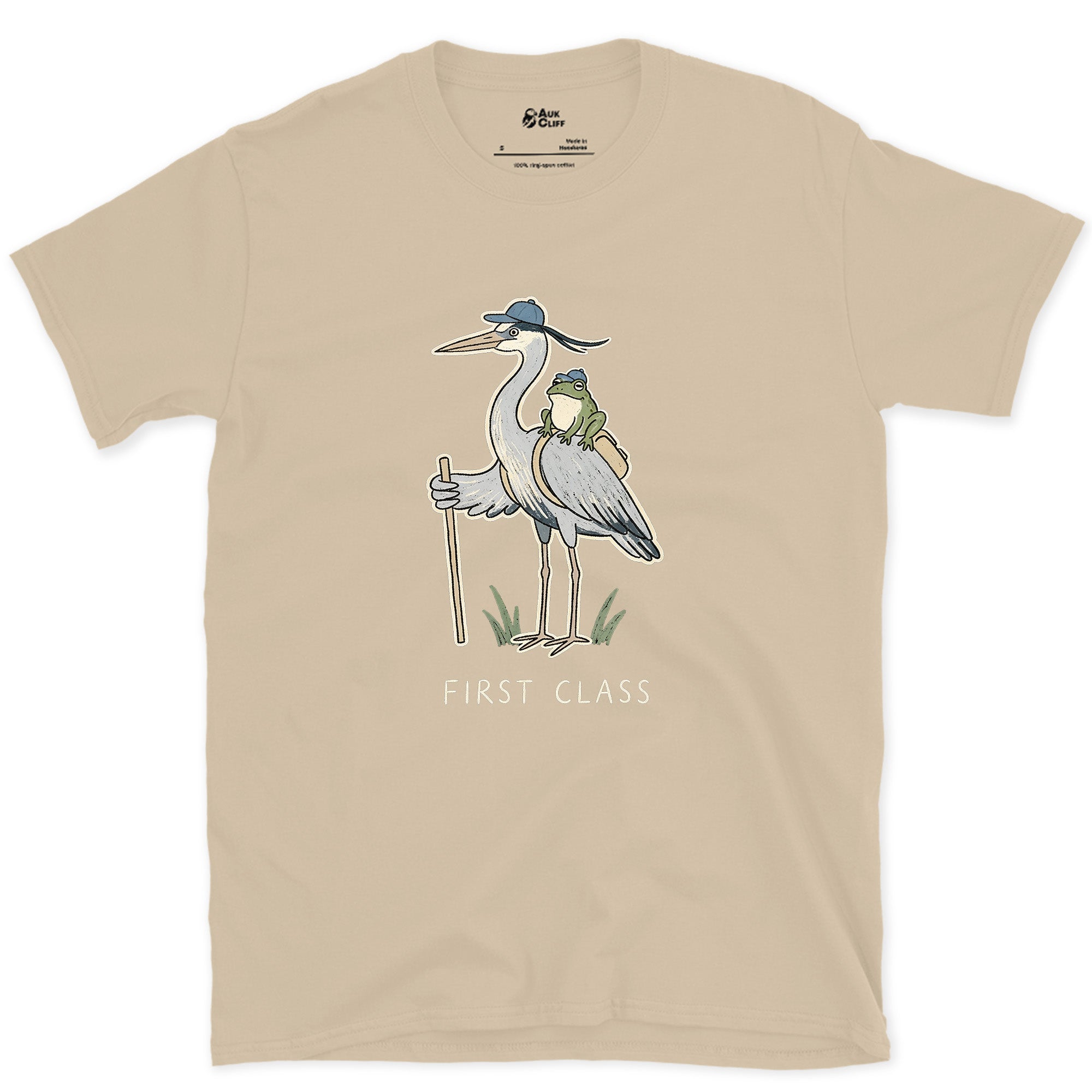 First Class, Heron Hiker and Frog design on a Sand Gildan Softstyle t-shirt