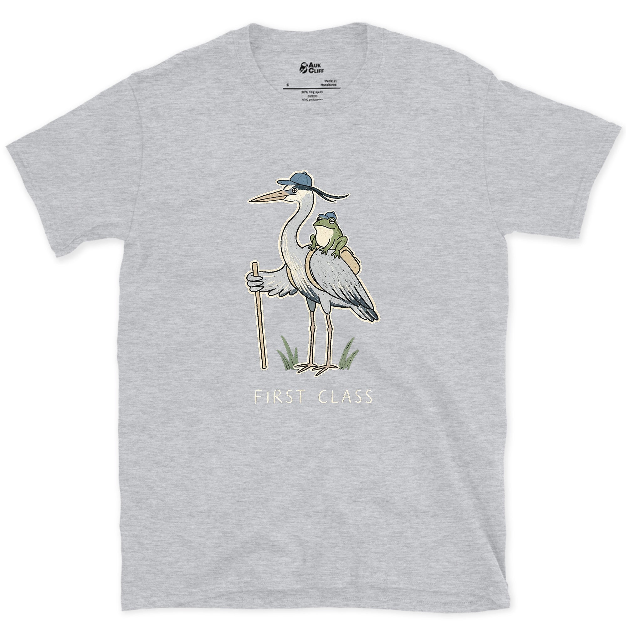 First Class, Heron Hiker and Frog design on a Sport Grey Gildan Softstyle t-shirt